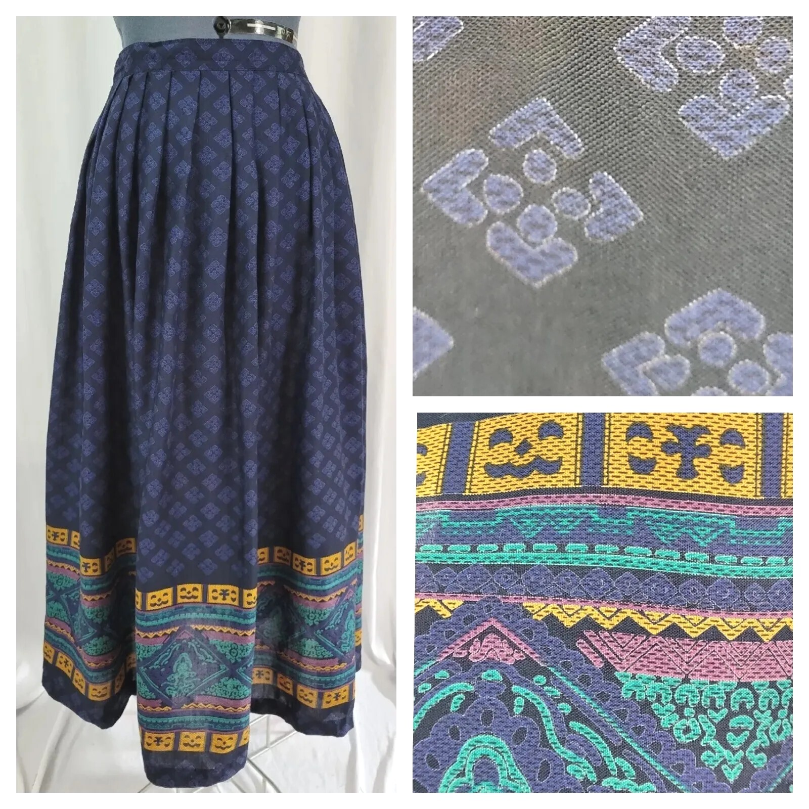 Vintage Michelle Stuart Blue & Black Skirt w Colorful Border Size 8