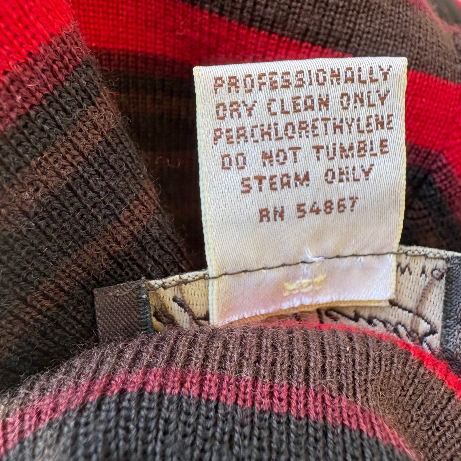 VTG Henri Bendel Sweater Turtleneck L Red Brown Striped Extrafine Merino Wool