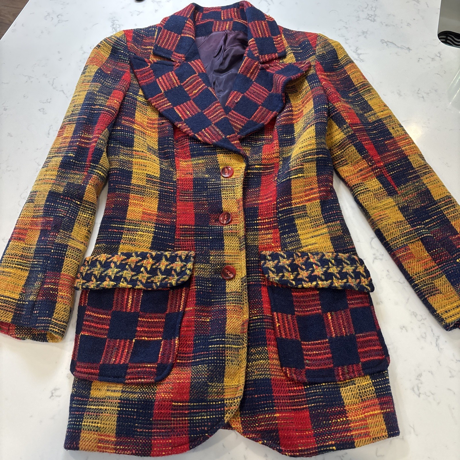 VTG 1970s Patchwork Plaid Wool Blazer Wide Lapels Retro Red Yellow Black Sz XS