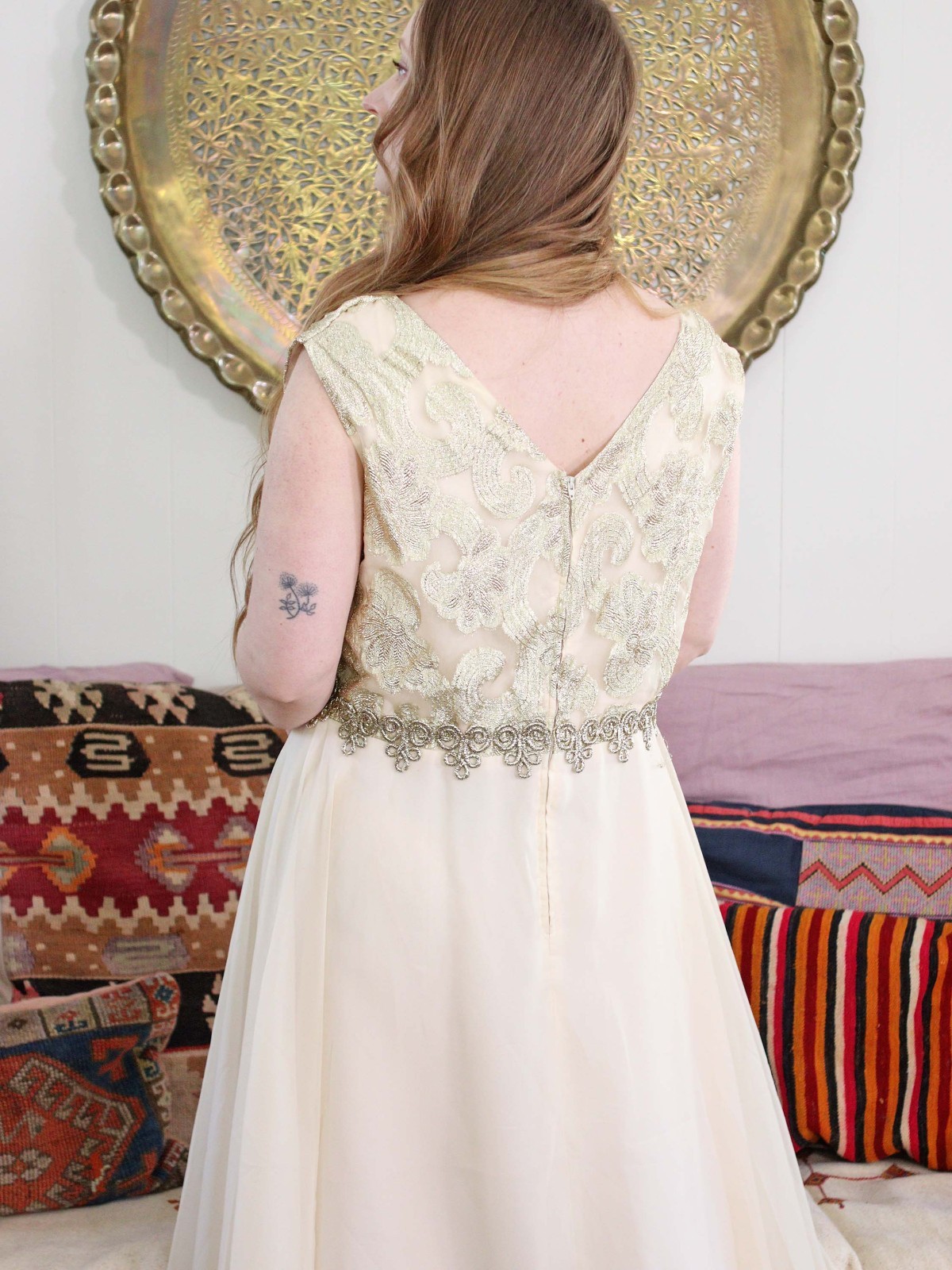 VTG 1960s Champagne Chiffon Metallic Gold Empire Waist Maxi Party Dress Grecian