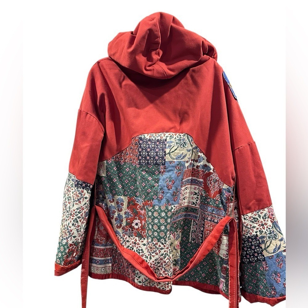Vintage Handmade Quilted Patchwork Jacket Hooded Tie Front Cottagecore Boho