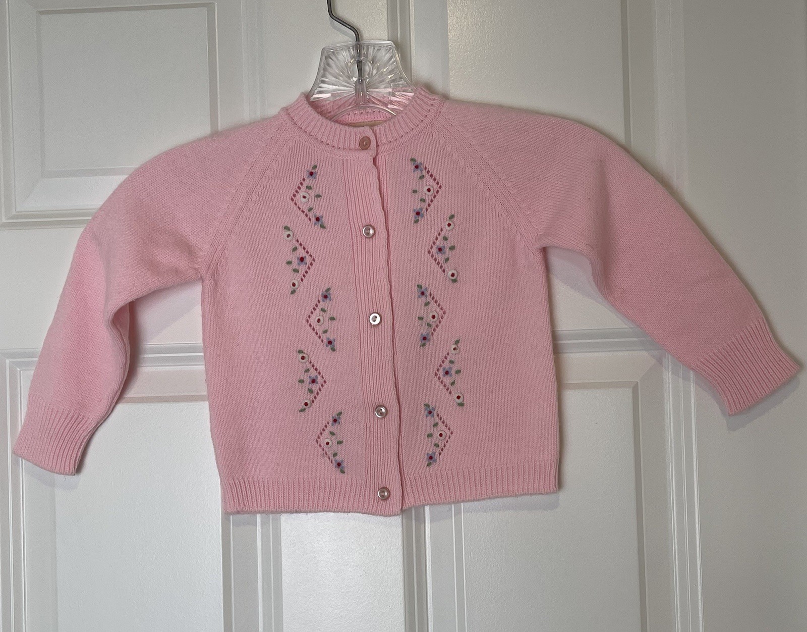 Vintage Mantessa Cardigan Sweater Cottagecore Pink Floral Crochet Childs 3T