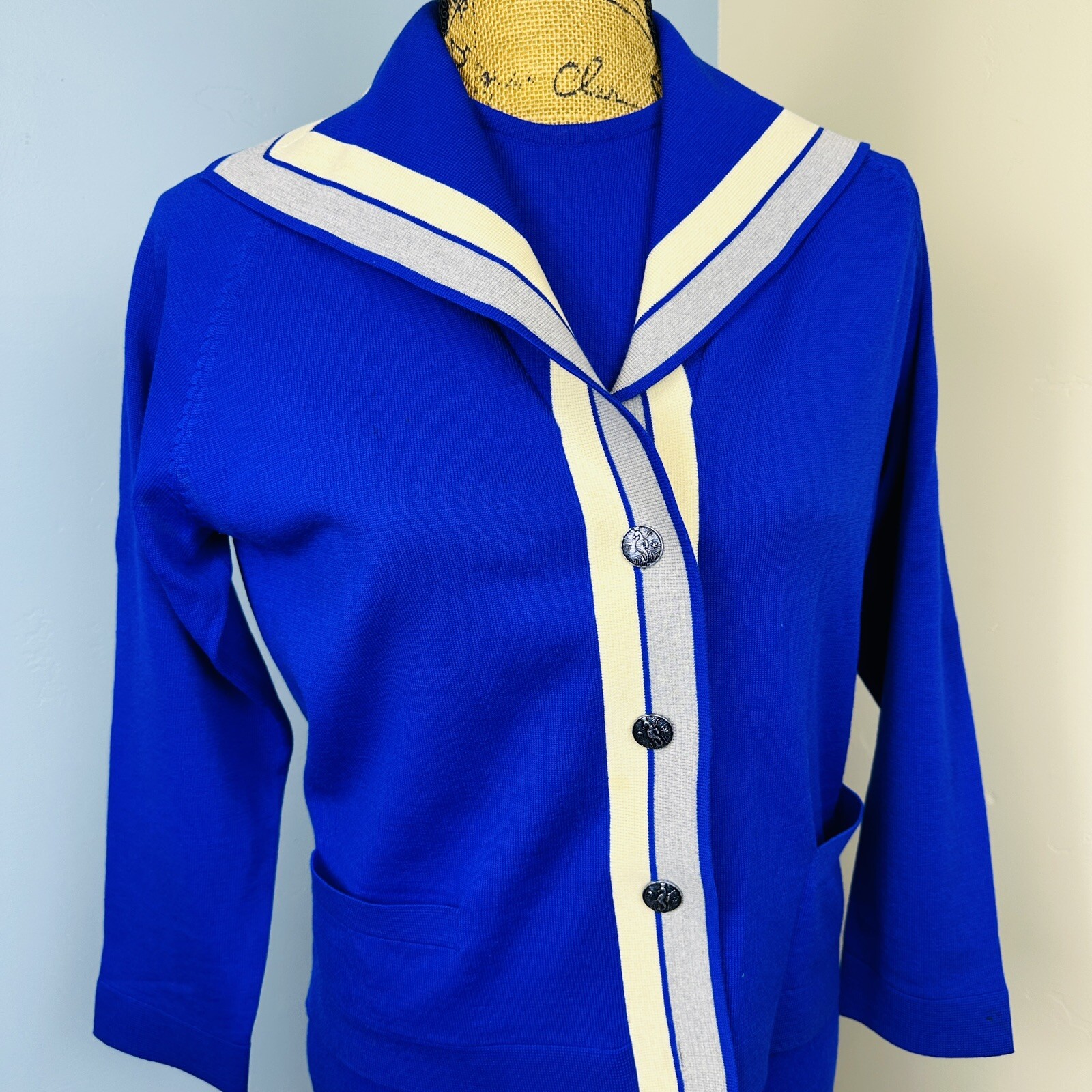 50s Amalfi Imports 3 Pc Italian Wool Knit Womens Suit Blue Pencil Skirt Sz L 12
