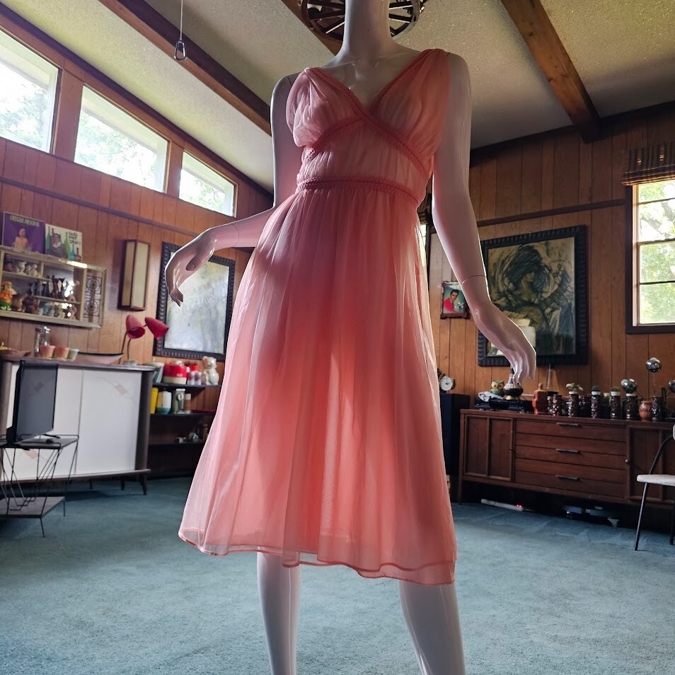 Vtg 60s Candy Pink Sheer Double Chiffon Grecian Pinup Nightie Pajama Dress S/M