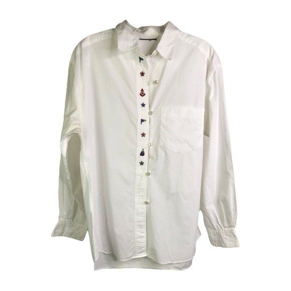 Vintage Button Down Top L Women White Coastal Yacht Club Resort Preppy Cottage