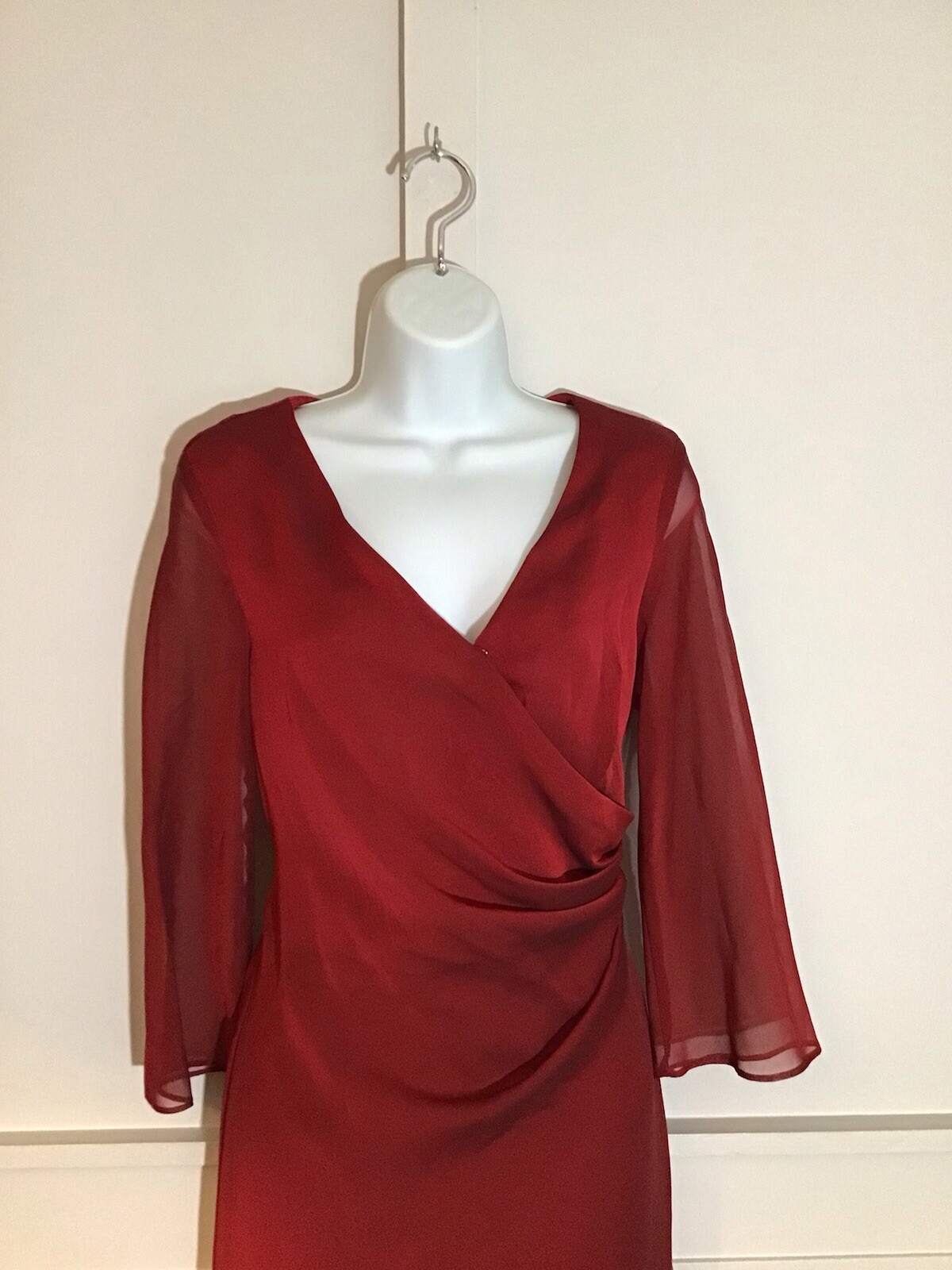 Vintage Donna Ricco Red Chiffon Faux Wrap Dress Size 10 Lined