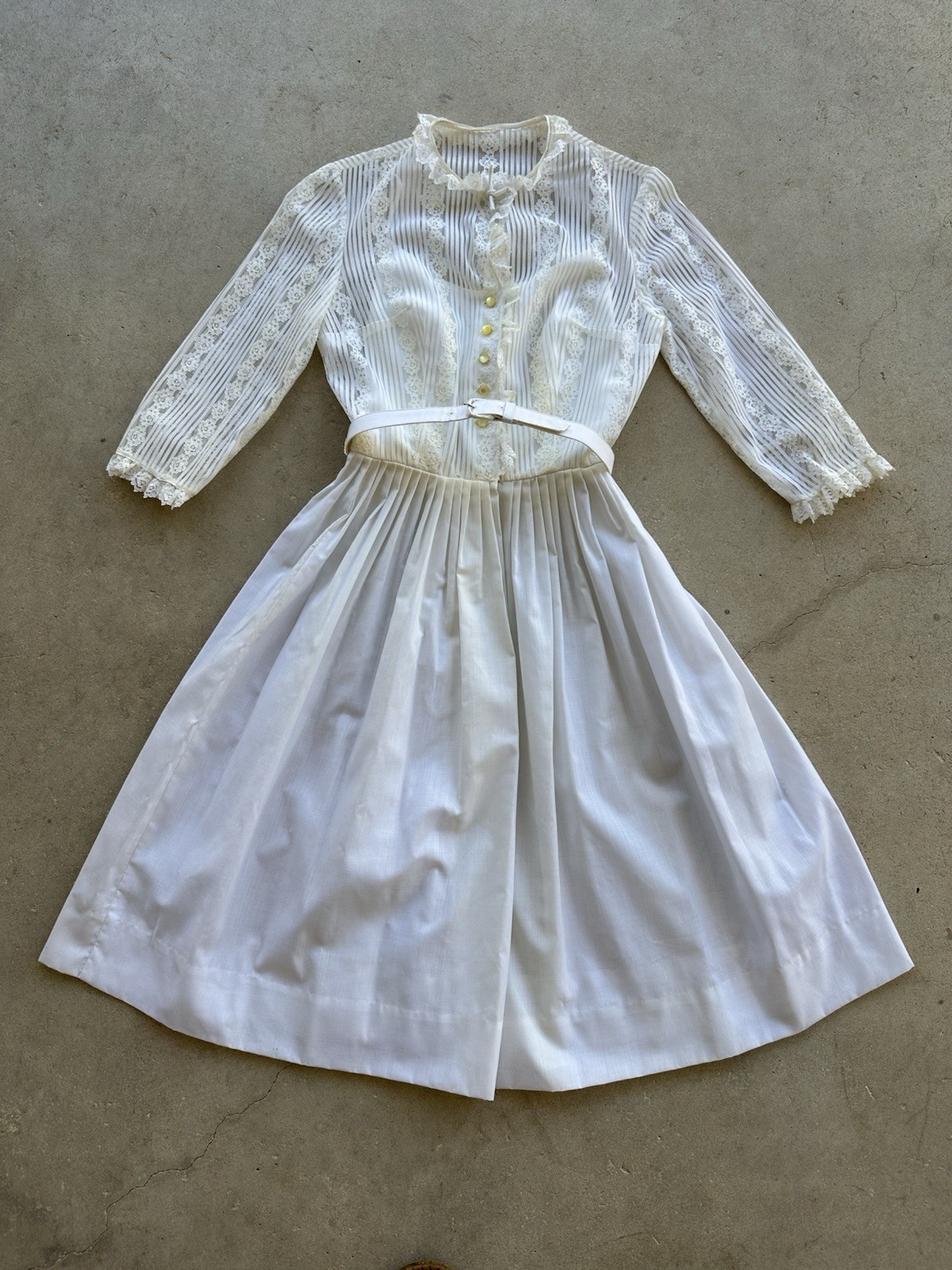 1960s 70s Judy Rhodes Victorian Revival Pleated Lace Dress Prairie Romantic VTG