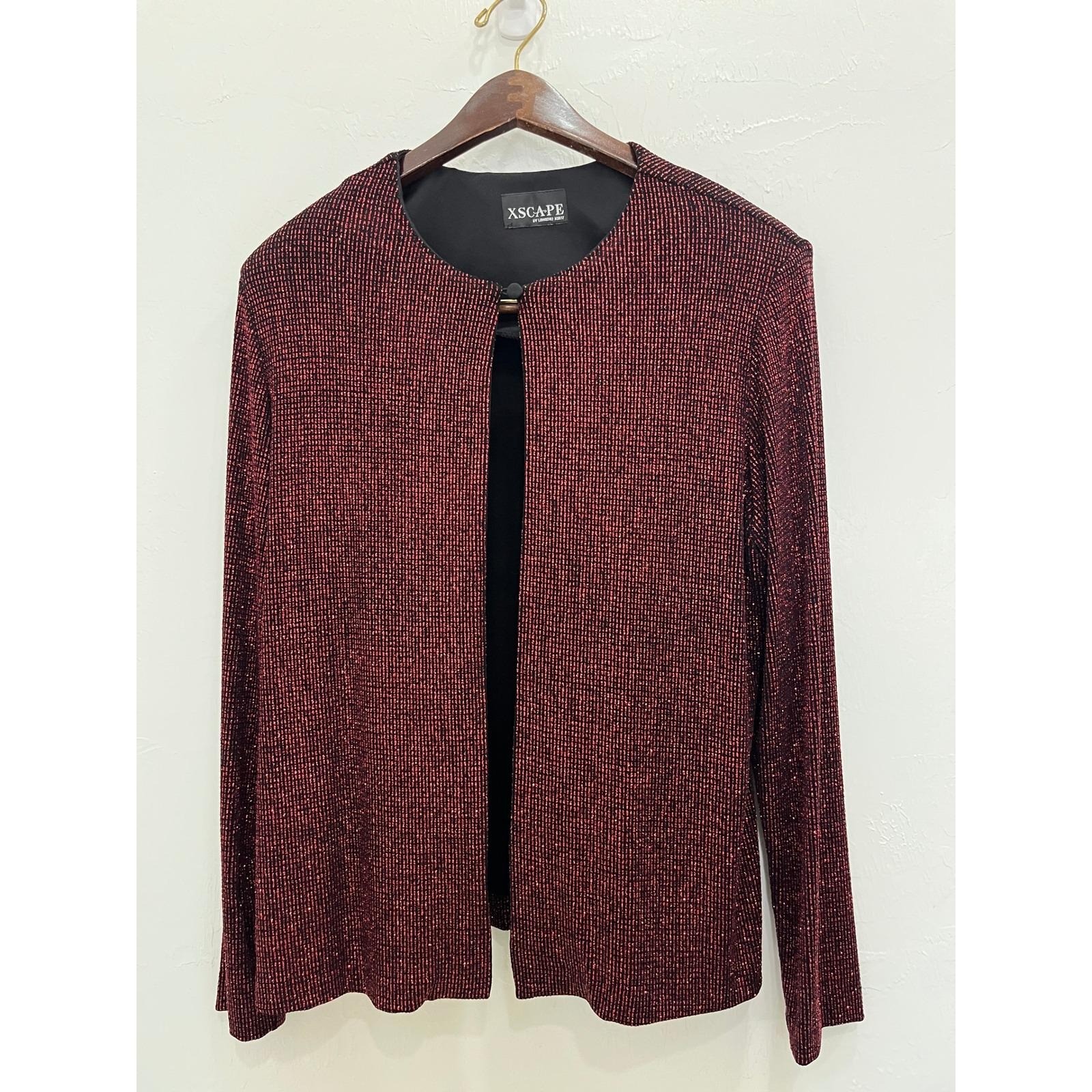 Xscape Twin Set Women Large Red Black Metallic Glitter Knit Cardigan Tank Good