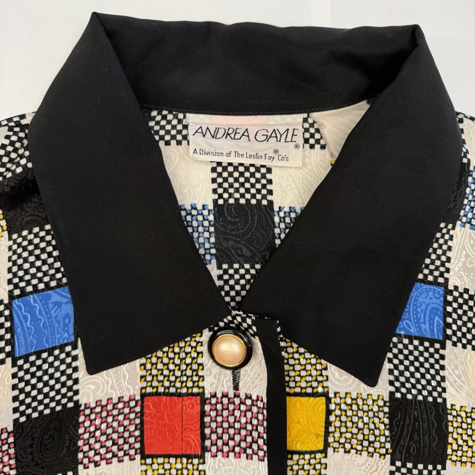 Vtg Geometric Colorblock Polyester Andrea Gayle Secretary Geek Blouse Sz 14