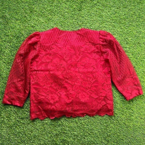 VTG 70’s Five Cherry blouse Red Gold buttons shoulder pads granny core