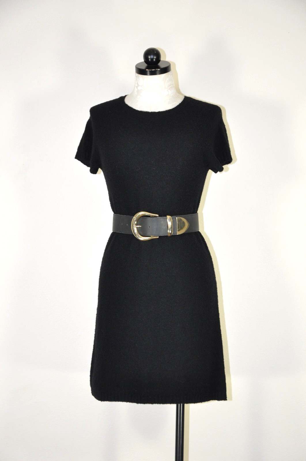 90s Vintage DKNY Black Wool Mohair Short Sleeve Knit Sweater Mini Dress Women S