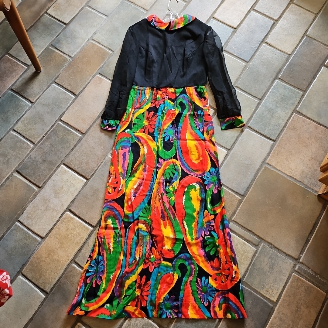 Vtg 60s Hawaiian Puritan Forever Young Psychedelic Maxi Dress w Sheer Sleeve M/L