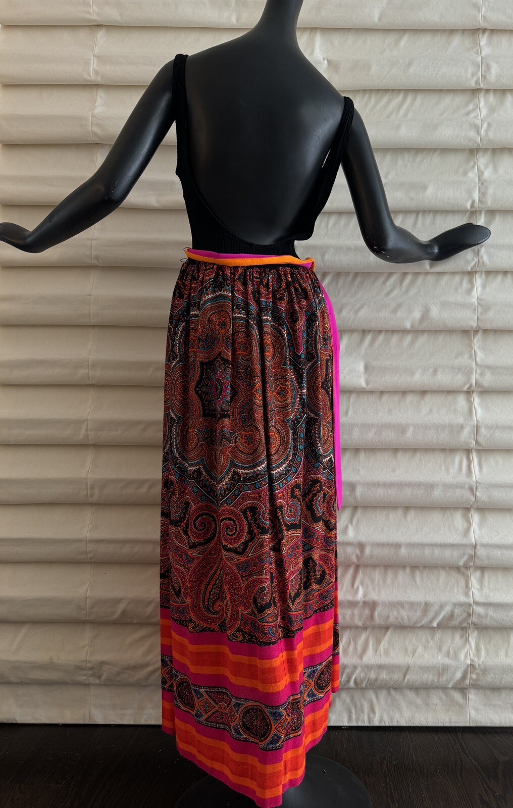 Vtg MOD 60s 70s Paisley Black Stretch Maxi Long Swim Hawaiian Dress Tiki Oasis