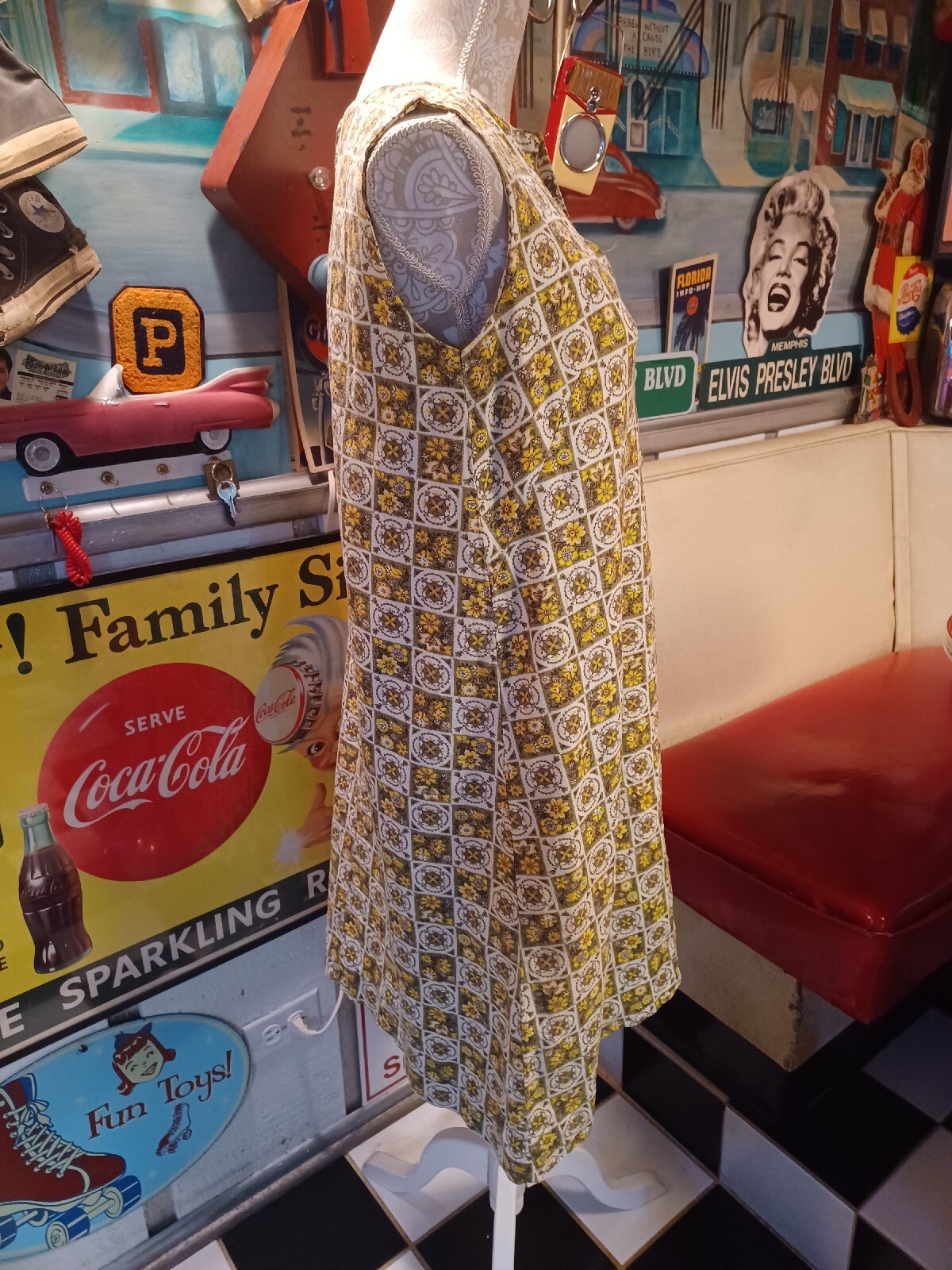 Vtg Mid-century 1960s A-Line Shift Sleeveless Dress MCM Mod Sundress Avocado Gr
