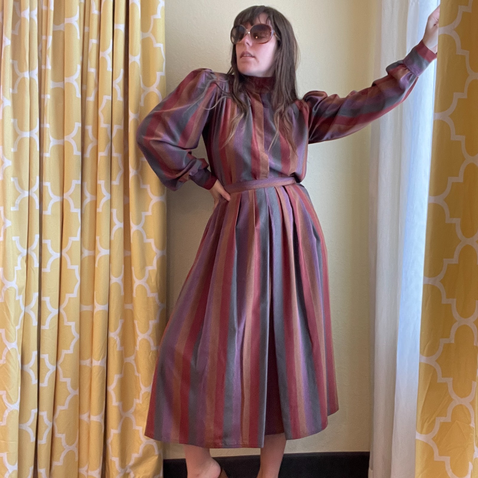 Vintage 70s Retro Secretary Blouse Regina Porter Striped 2 Piece Skirt Set XS/S