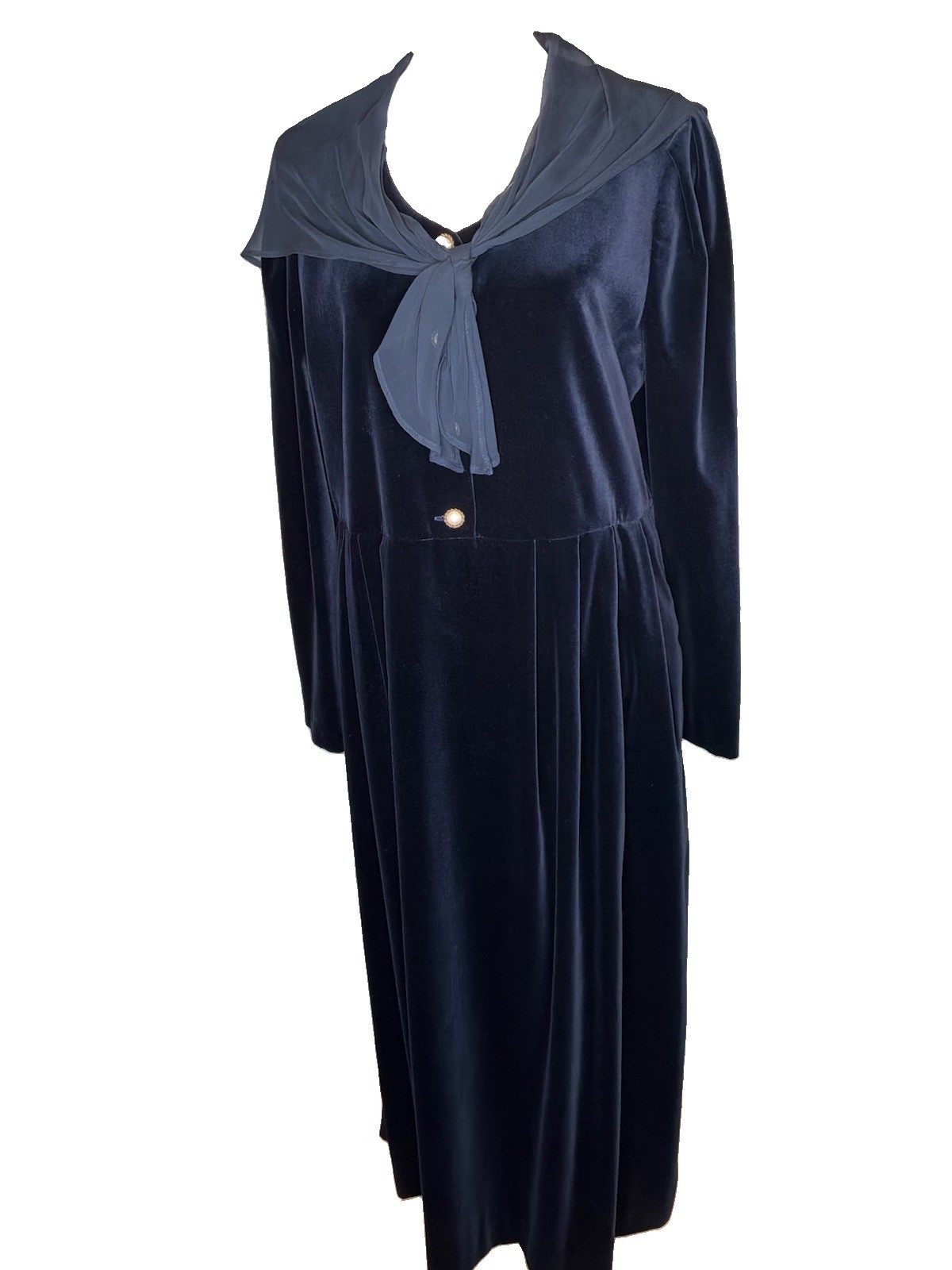 Laura Ashley Vintage Cotton Velvet Navy Maxi Dress Scarf Tie UK USA 10