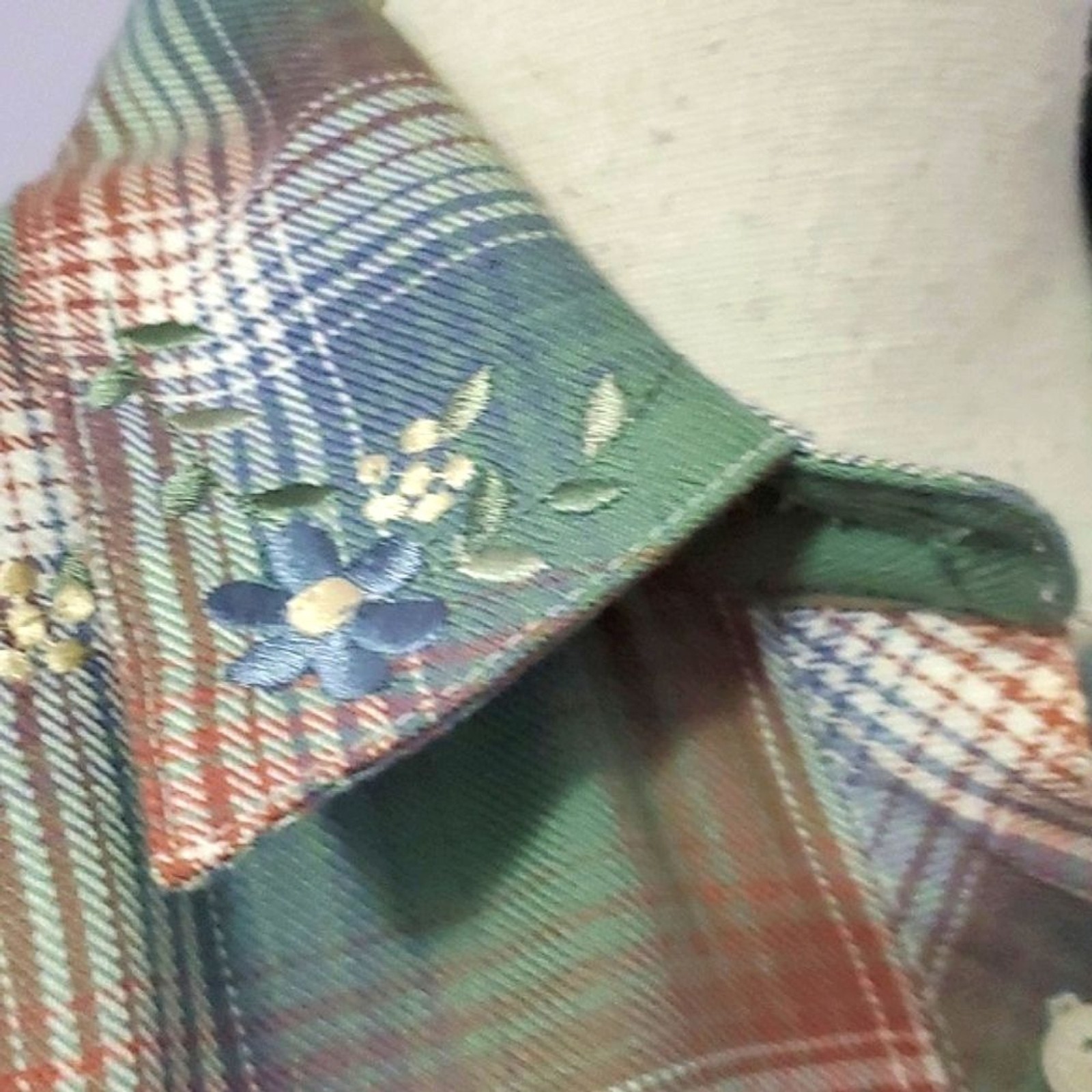 VTG Teddi Sage Green Plaid Embroidered Long Sleeve Button Down Flannel Shirt S