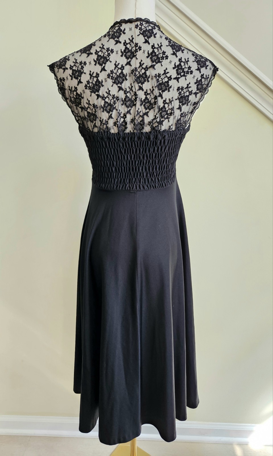 Vintage 1970s Jody T Of California Black Lace Midi Dress Ruched Lace Up Goth XS