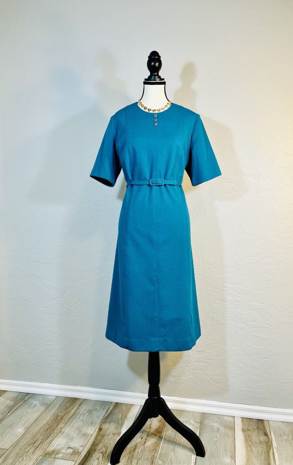 Vintage 1960s Teal Lady Mendel Knits Of Distinction Belted Dress
