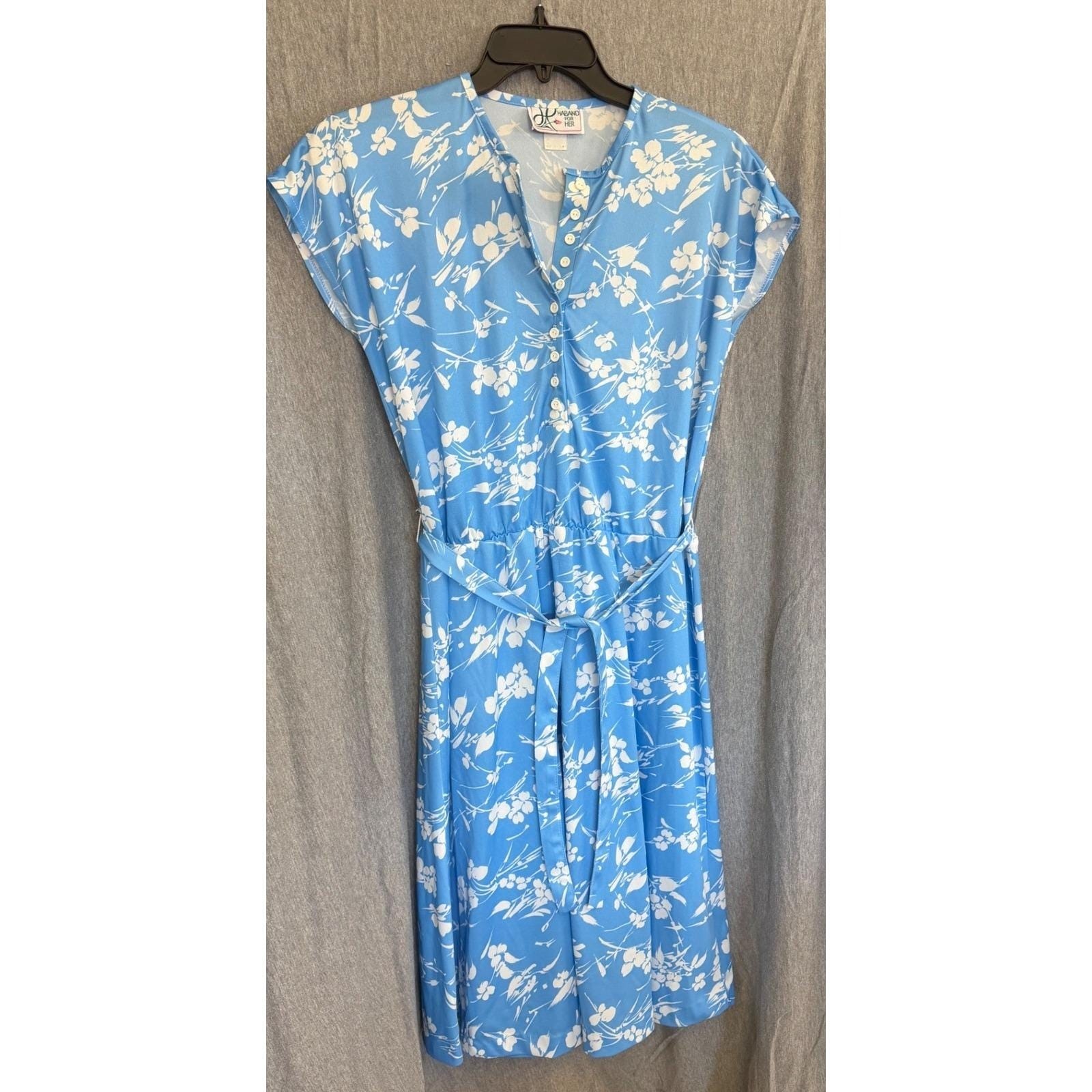 Vintage Haband For Her Midi Dress Blue White Floral Cottagecore Belted Large