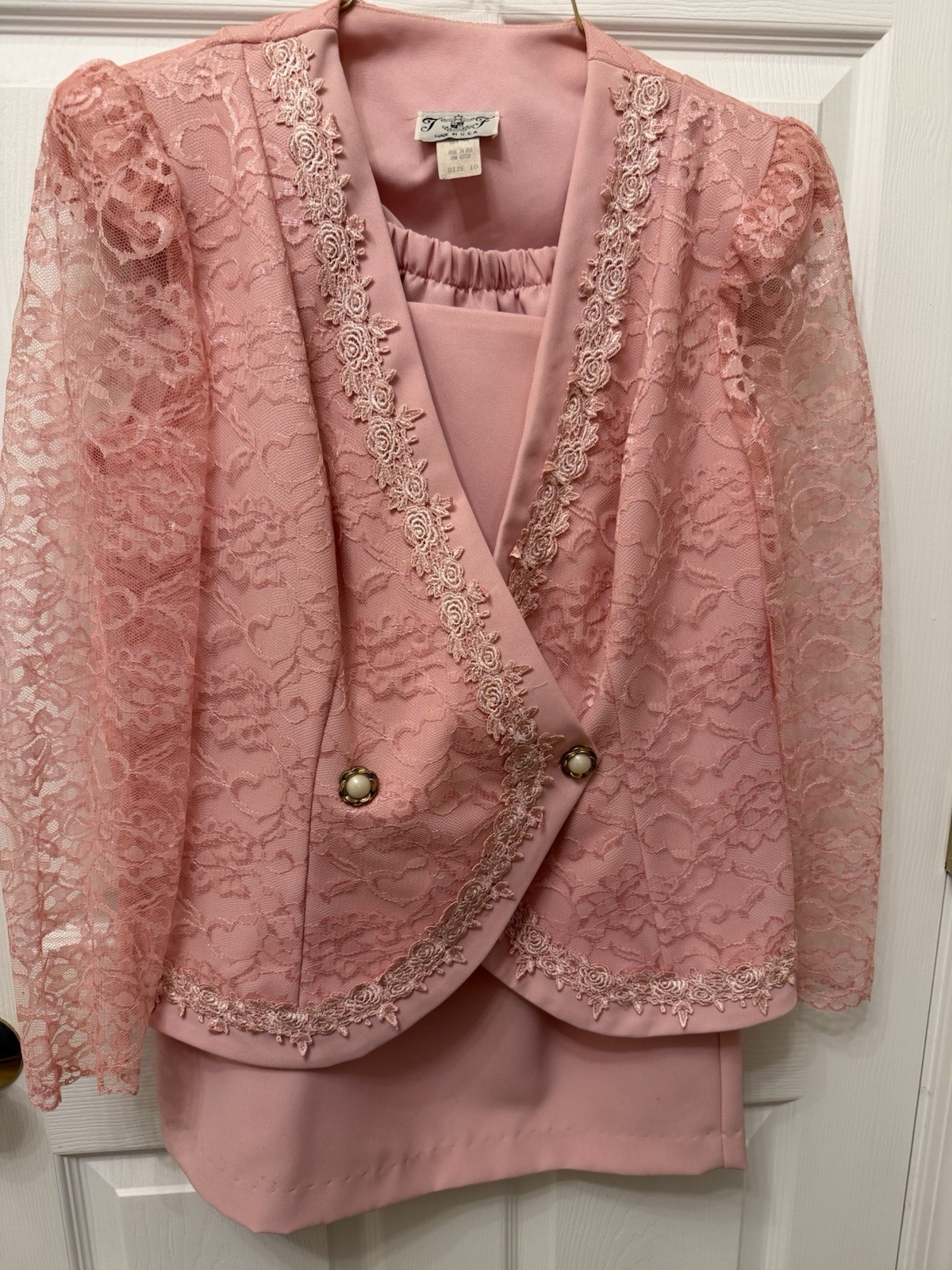 Vintage 80s Pink Lace Suit Size 10 Polyester Long Sleeve
