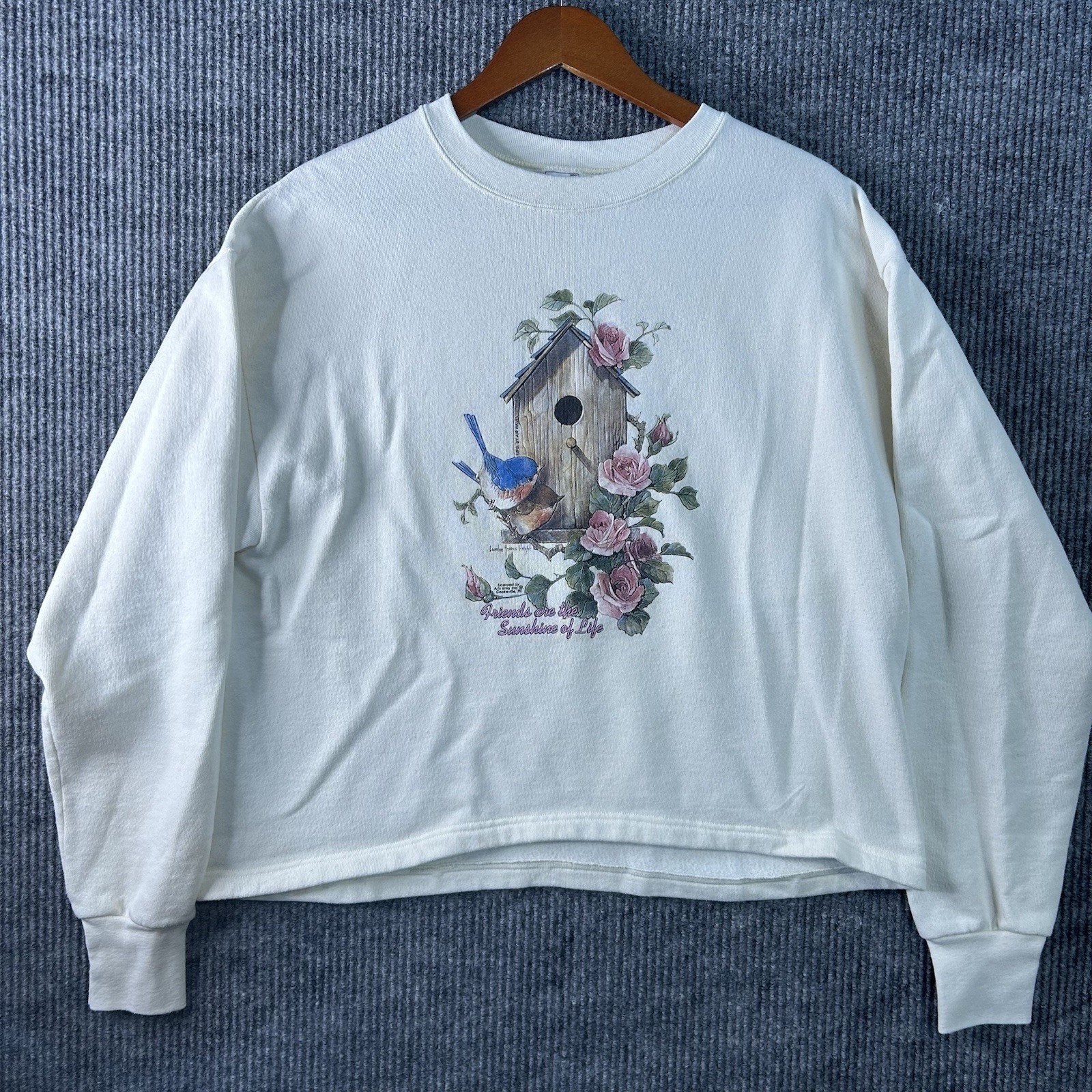 Vintage Sweatshirt Adult L Carolyn Shores Wright Floral Birds Made In USA