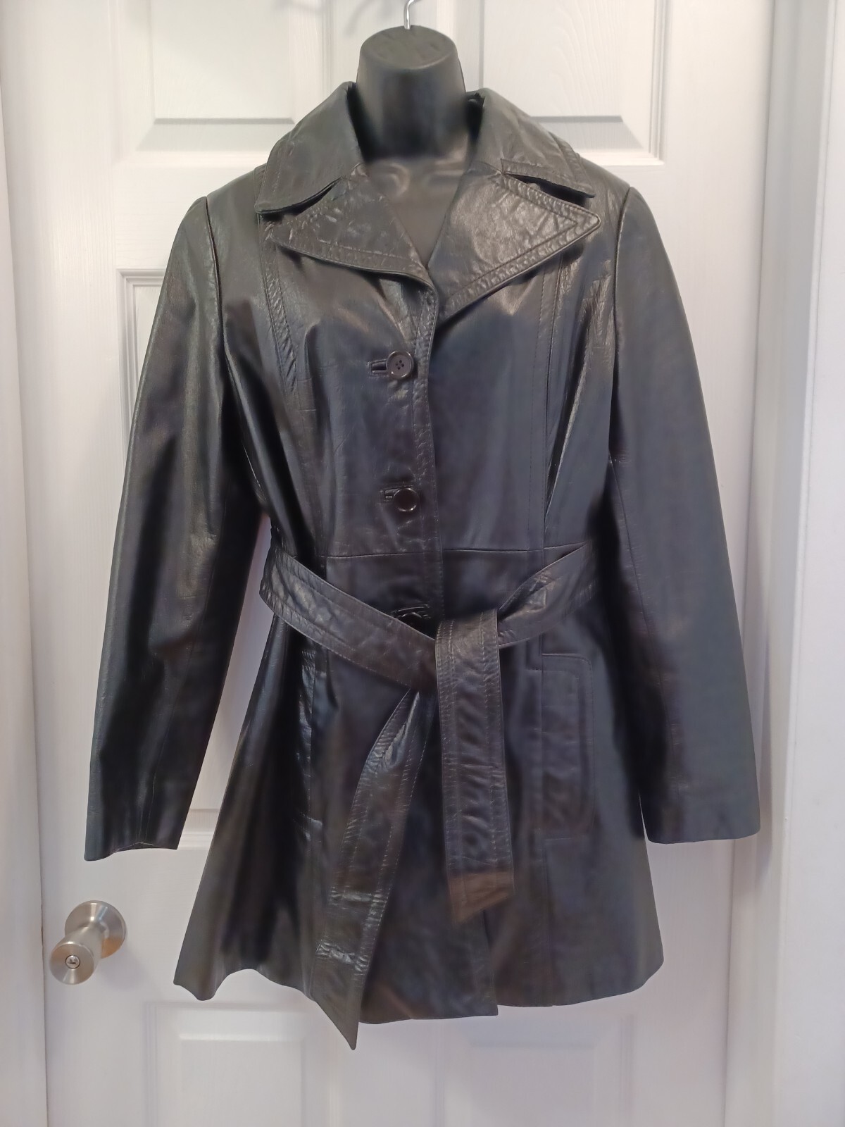 VINTAGE The Tannery Long Leather Jacket Trench Coat Black 1970s
