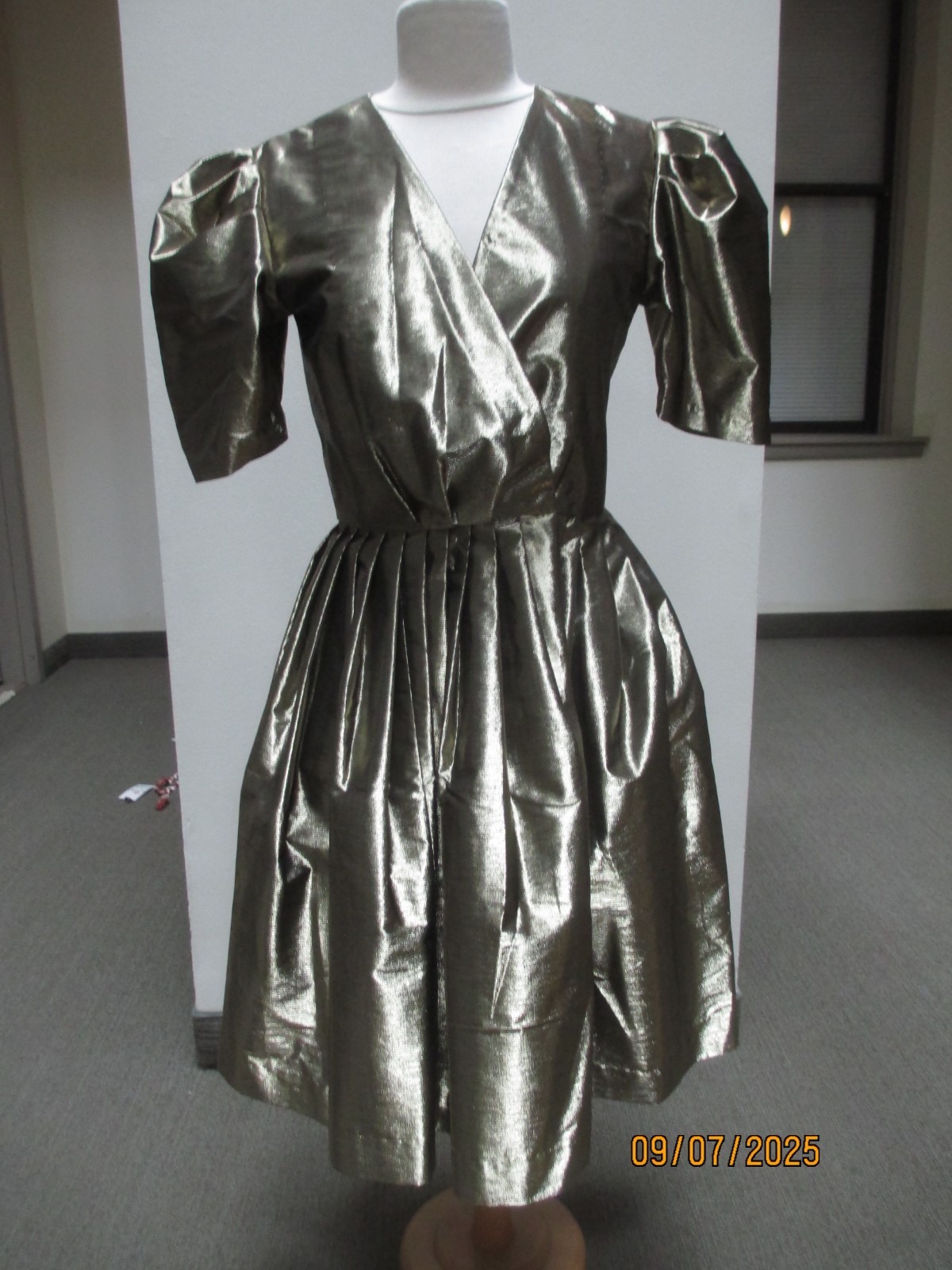 Handmade gold metallic vintage dress 1950s, sz M, surplice neckline w pleating