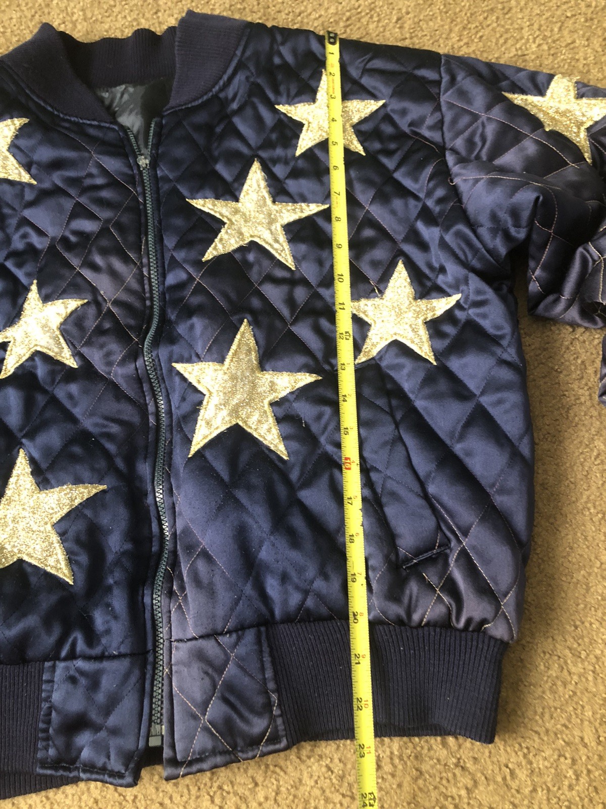 80s Satin Quilted Bomber Puffer Jacket Womens M? Embroidered Gold Stars READ