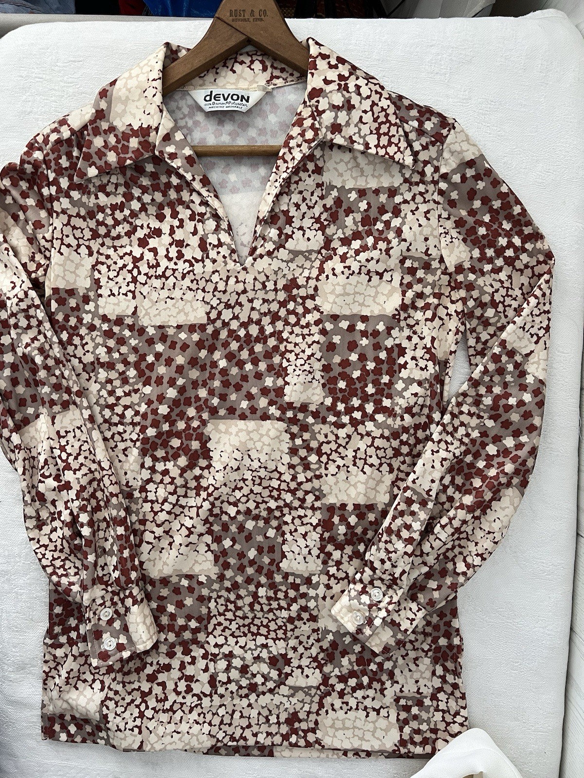 1970s Devon Disco Blouse Geometric Floral Dagger Collar Belted Neutral AOP