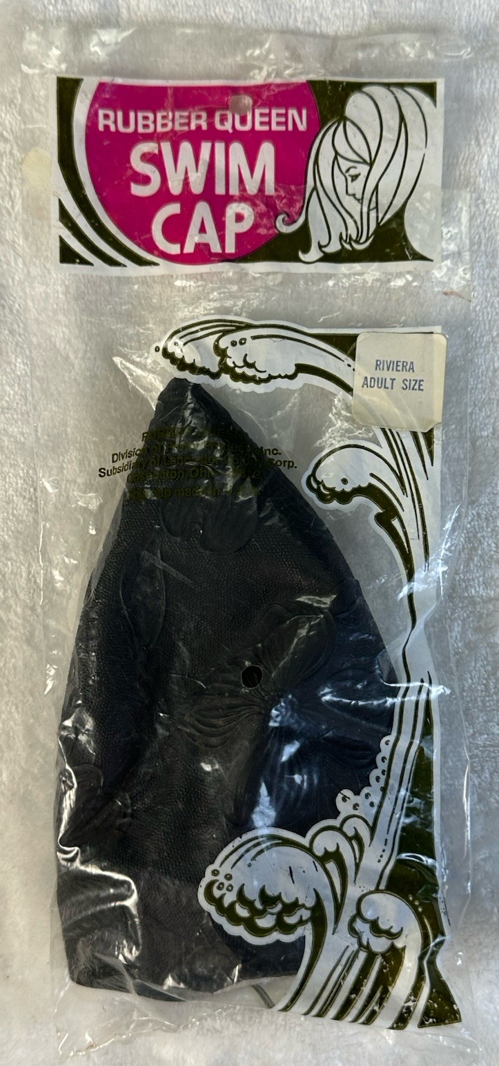 NOS Vintage 70’s Rubber Queen BLACK Swim CAP Riviera Adult Size NEW Swimwear Wet