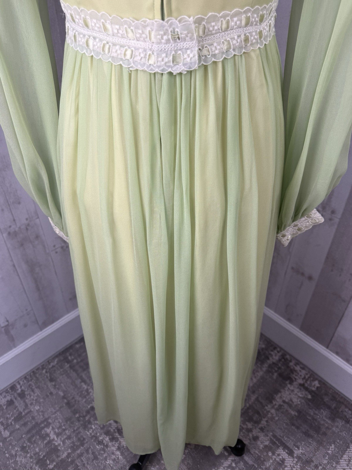 Vintage 70s Lorrie Deb Silk Chiffon Overlay Gown ~ Green Wedding Prom Maxi S/2