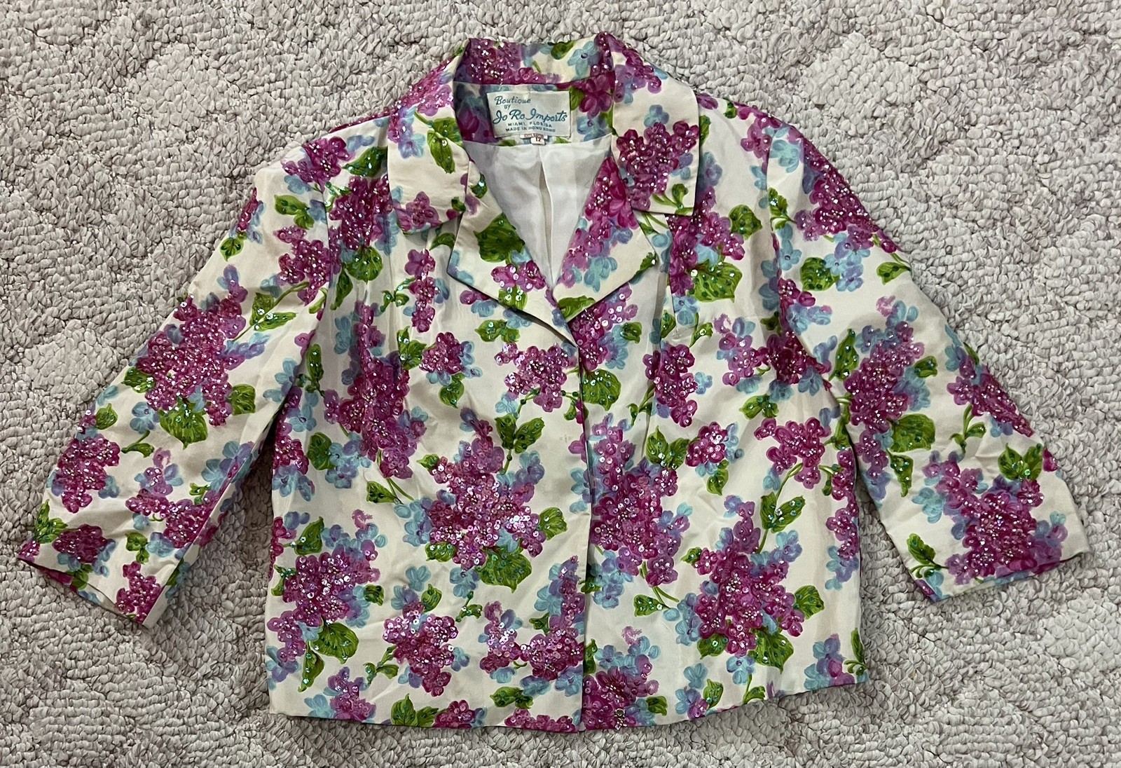 Vintage 50s Jo Ro Imports Beaded Sequins Blouse Jacket White Floral Size 12 M/L