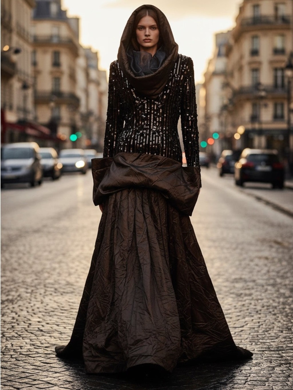 Vintage Victoria Royal Ltd. Upcycled Sequin & Draped Hooded Gown