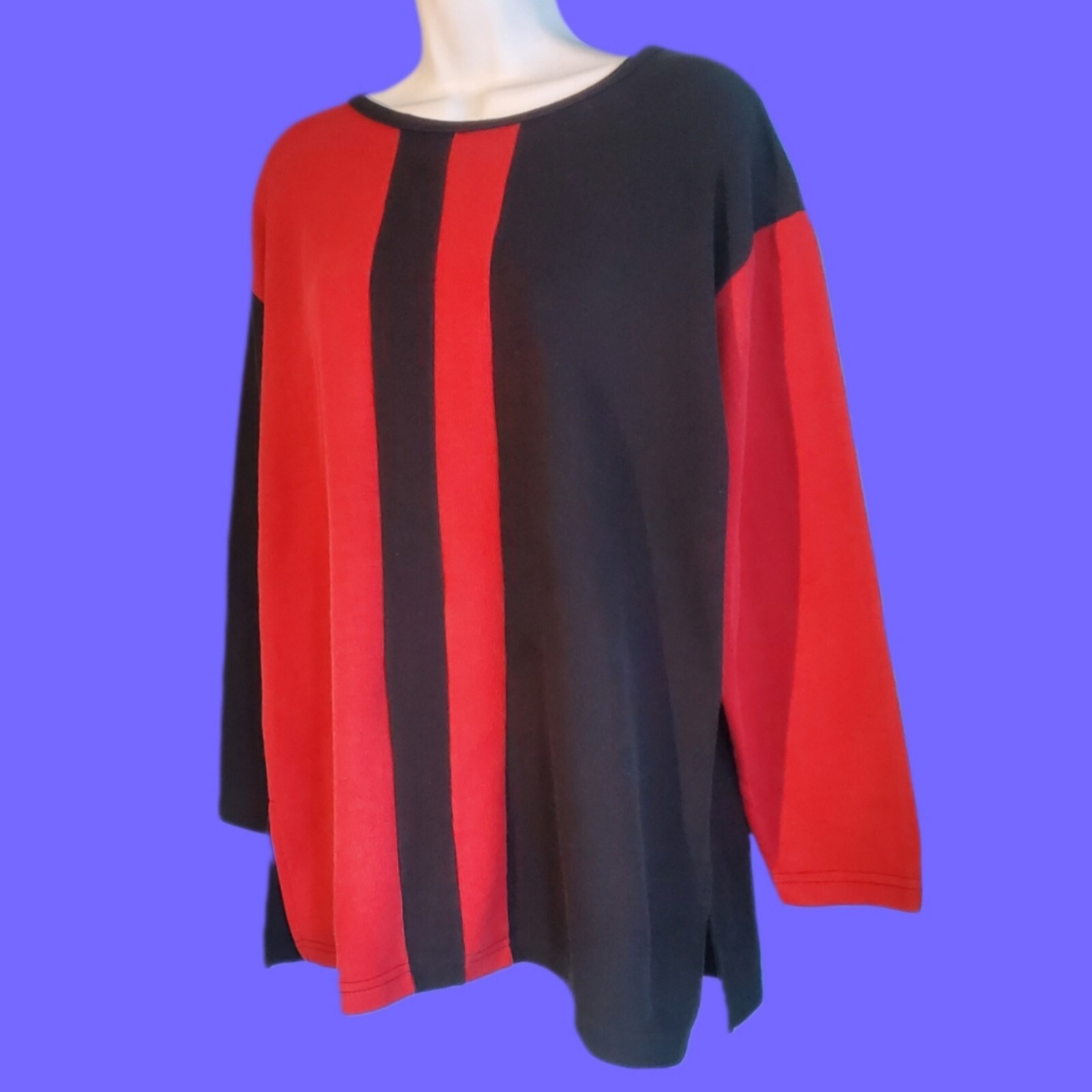 VINTAGE 90s AGENDÁ Colorblock Tunic Top Pullover Red Black Stripe Large