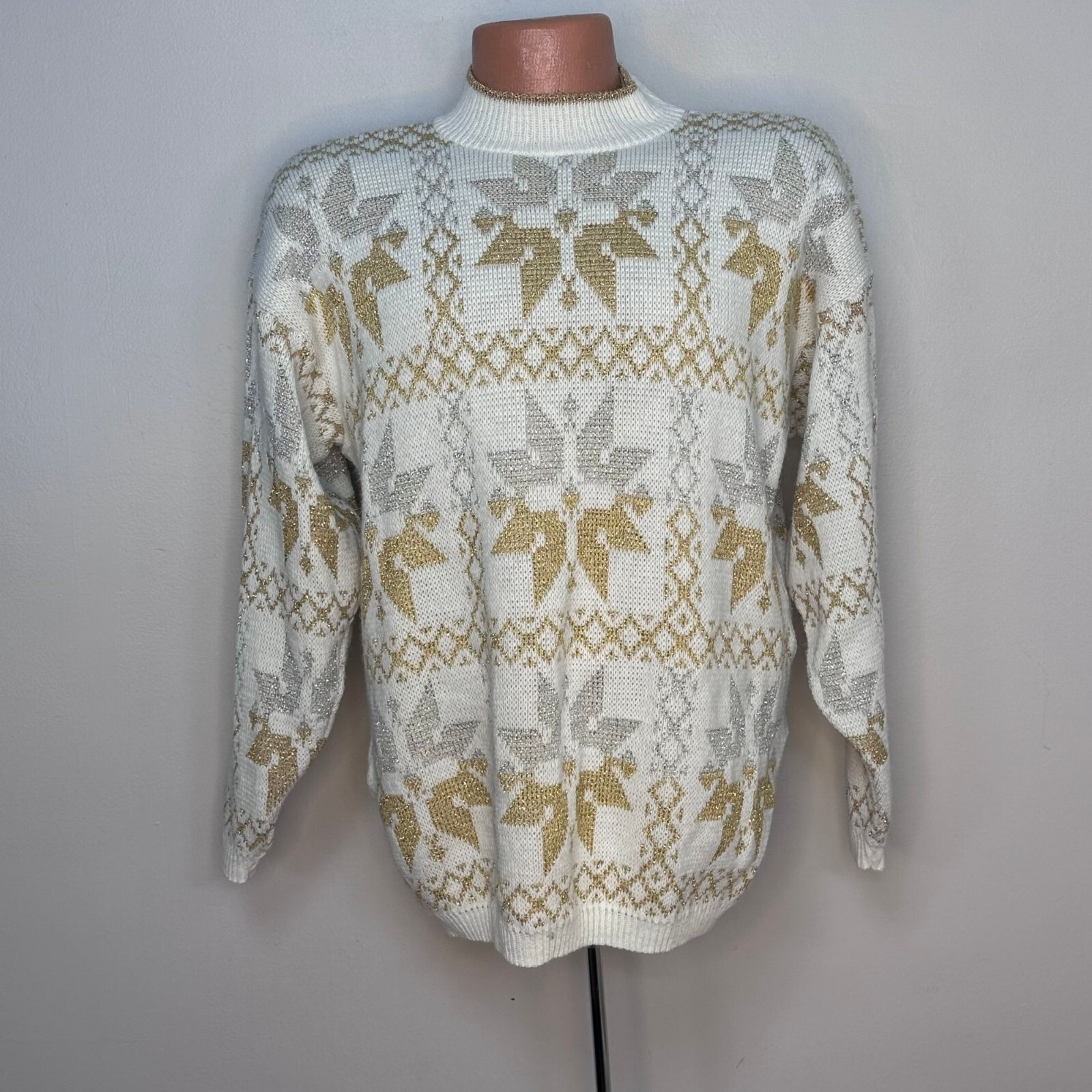Vtg 1990s Silver Gold Metallic Snowflake Sweater 80s 90s Rose Acrylic Mock Neck