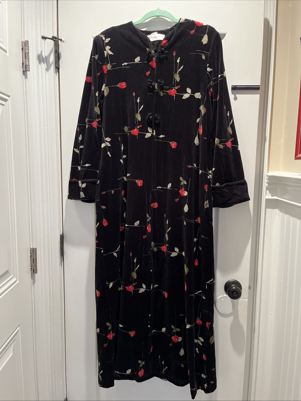 Diamond Tea Black Velvet 1/2 Zip Robe Lounge Coat Red Flower Zipper Kimono M
