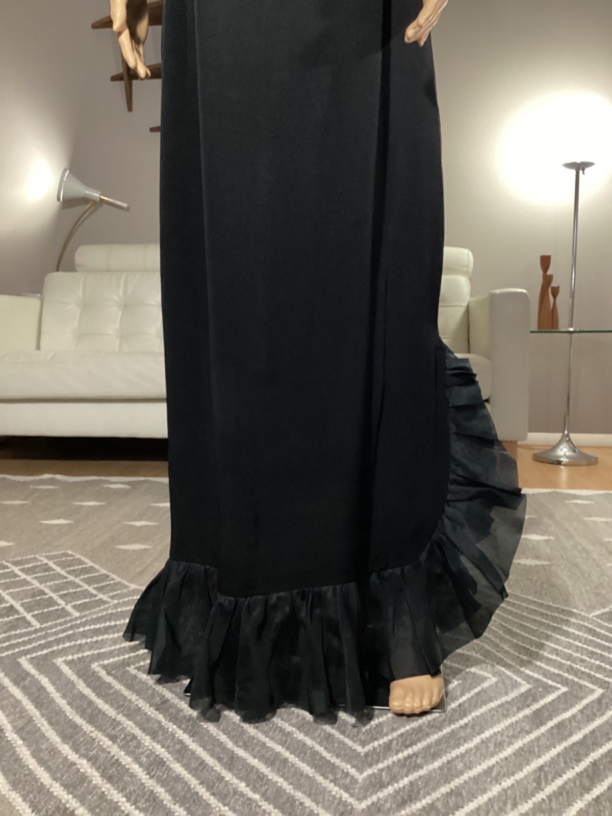 Vintage 50’s Black Wiggle Maxi Cocktail Evening Dress Chiffon Ruffle Trim XL