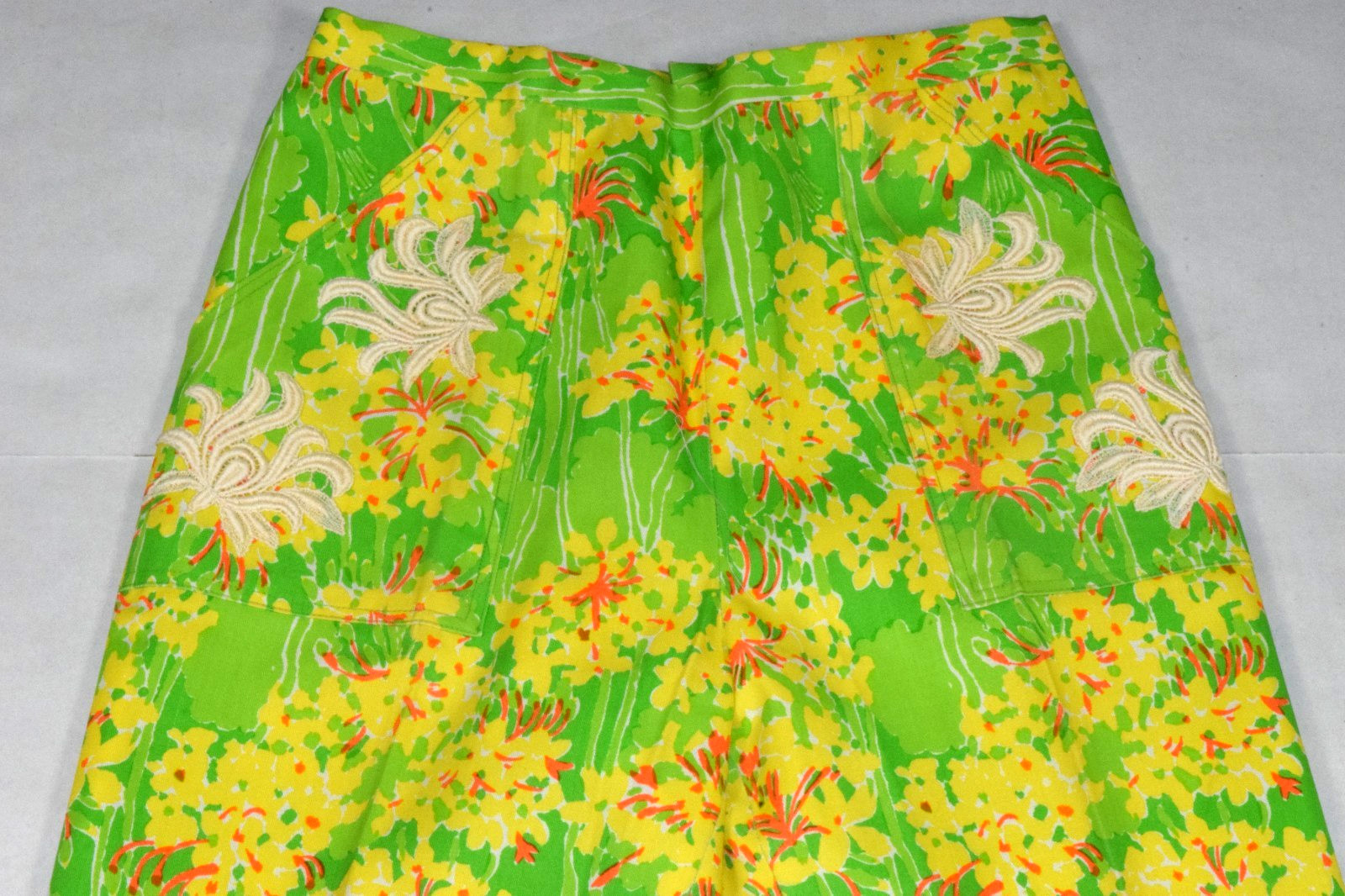 Vintage Lilly Pulitzer Pants Size 28X30 Green Yellow Floral Pocket Appliques Zip
