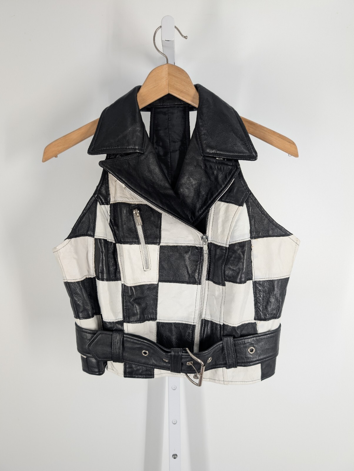 Twins Leather Co Vintage 90s Rap Checkerboard Patchwork Leather Biker Vest USA