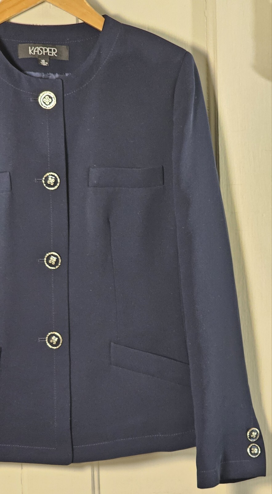 VTG Kasper 2 Piece Suit Women’s 10 Navy Blue Jacket Skirt Fancy Buttons Career