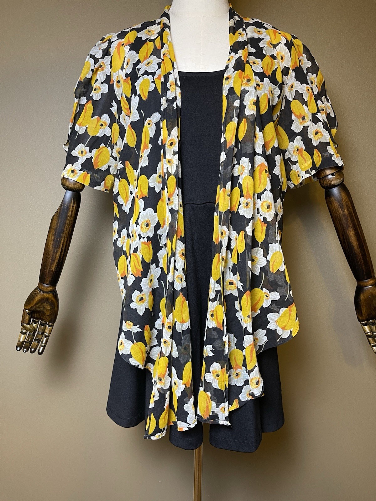Vintage 1960s Sheer Black Floral Daffodil Print Italian Tie Front Blouse Coverup