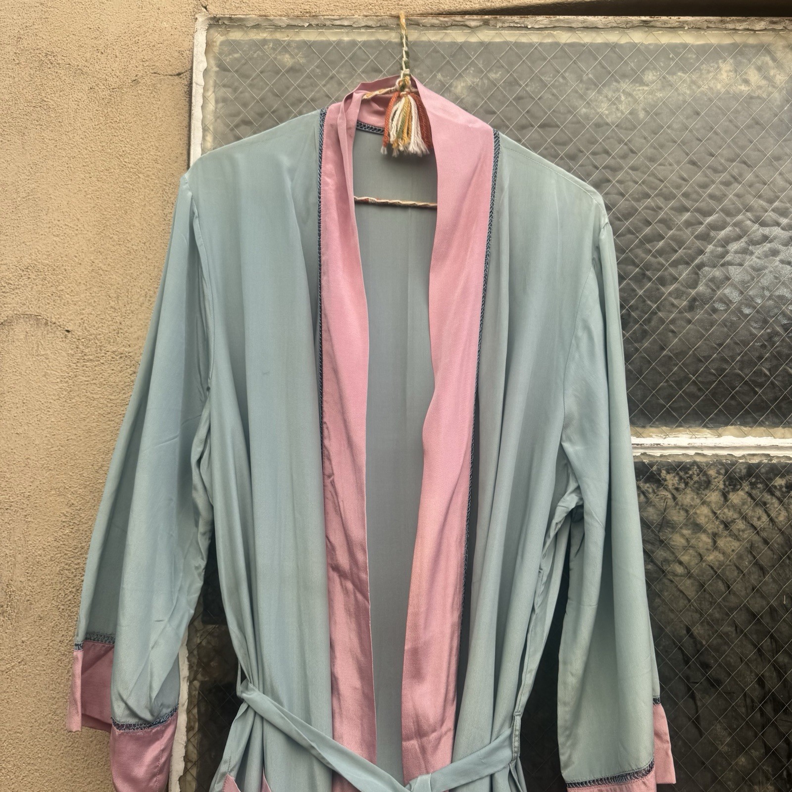 Antique 1920s Cotton Candy Blue & Pink Silk Robe Dress Coat Lounge Vintage