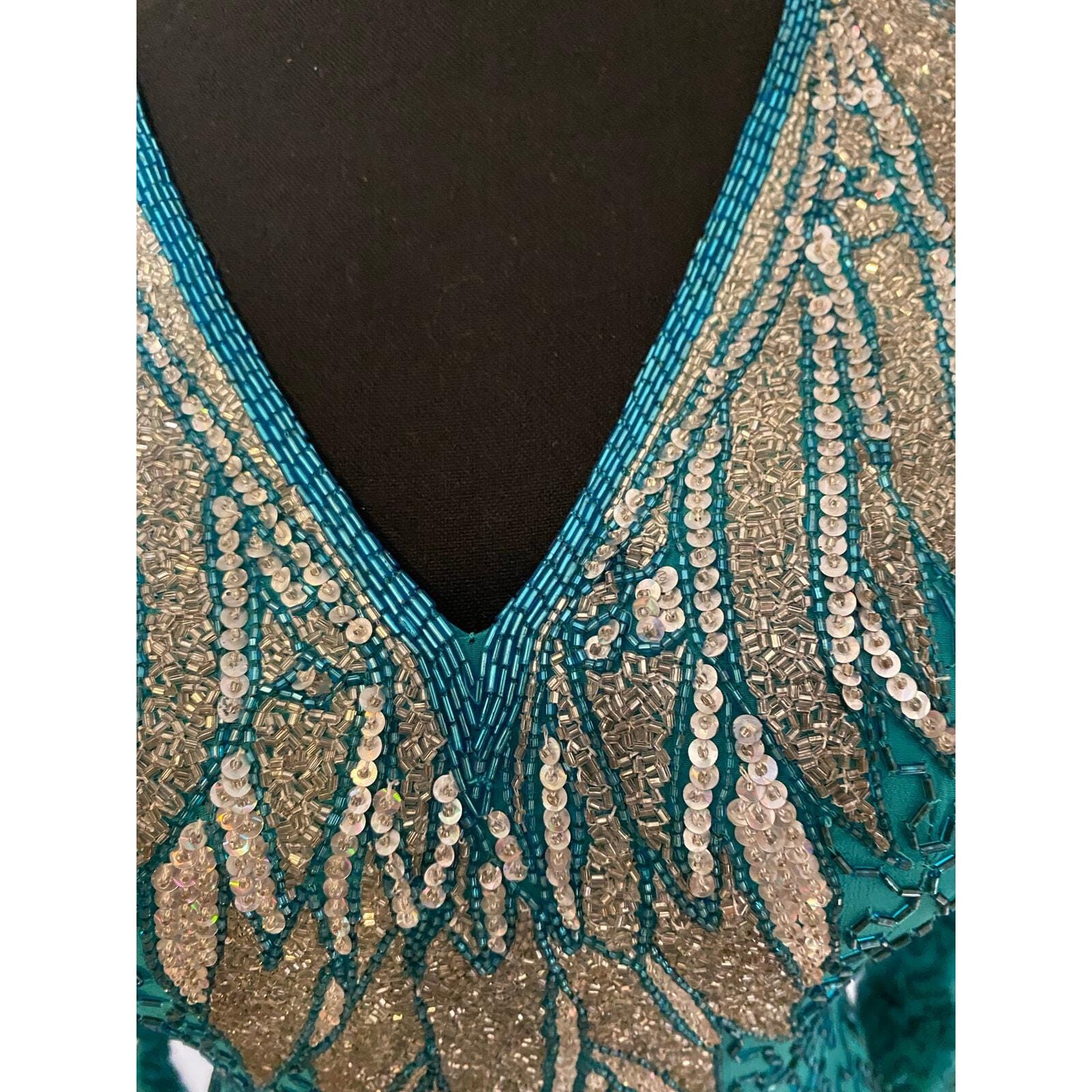 Vintage 80s Naeem Khan Riazee Nights Beaded sequined Teal 100% Silk Gown size 6