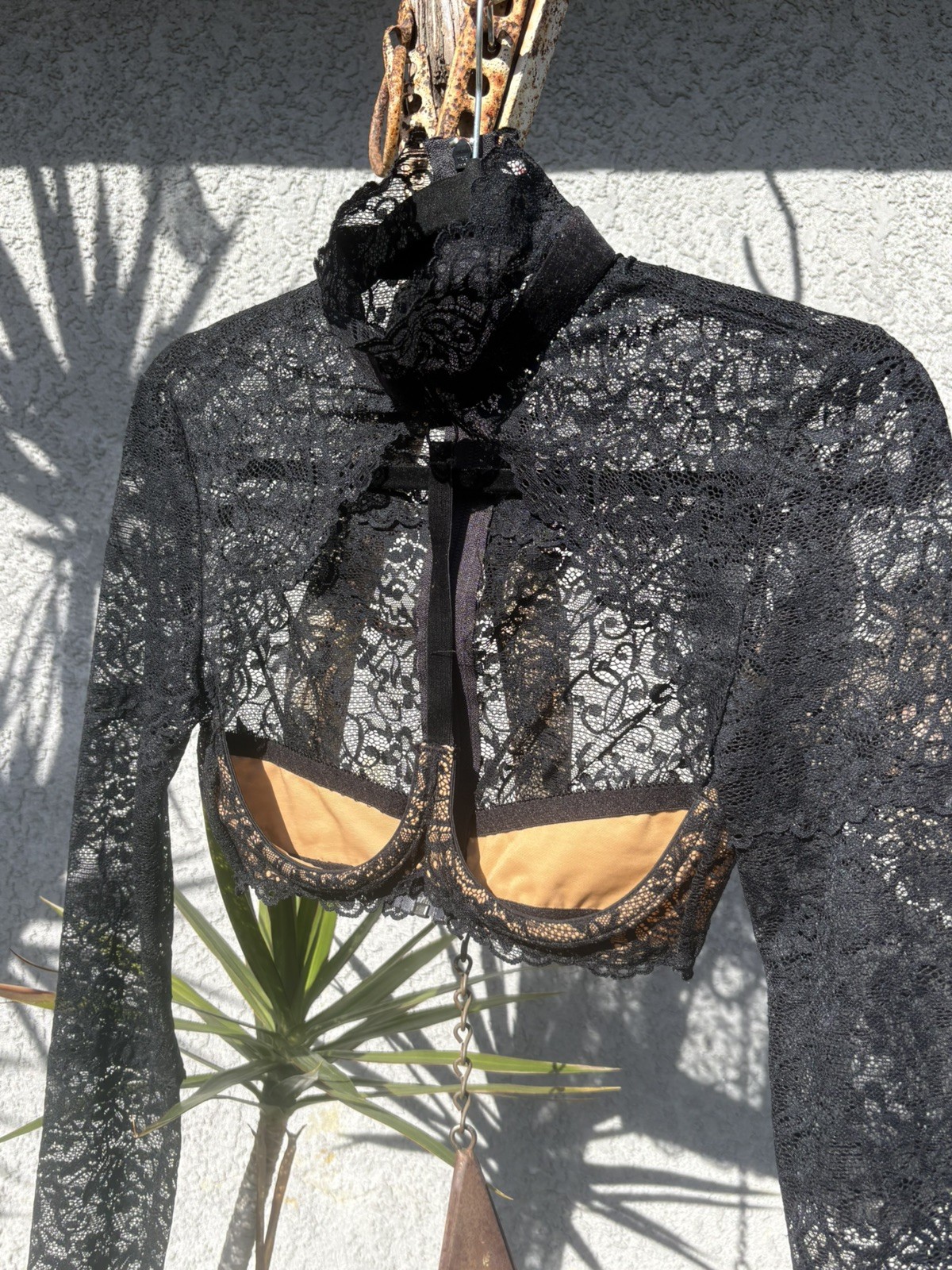 Vintage Lace TRASHY LINGERE OPEN BUST BLACK Zip Back BUSTIER Turtleneck Sz S