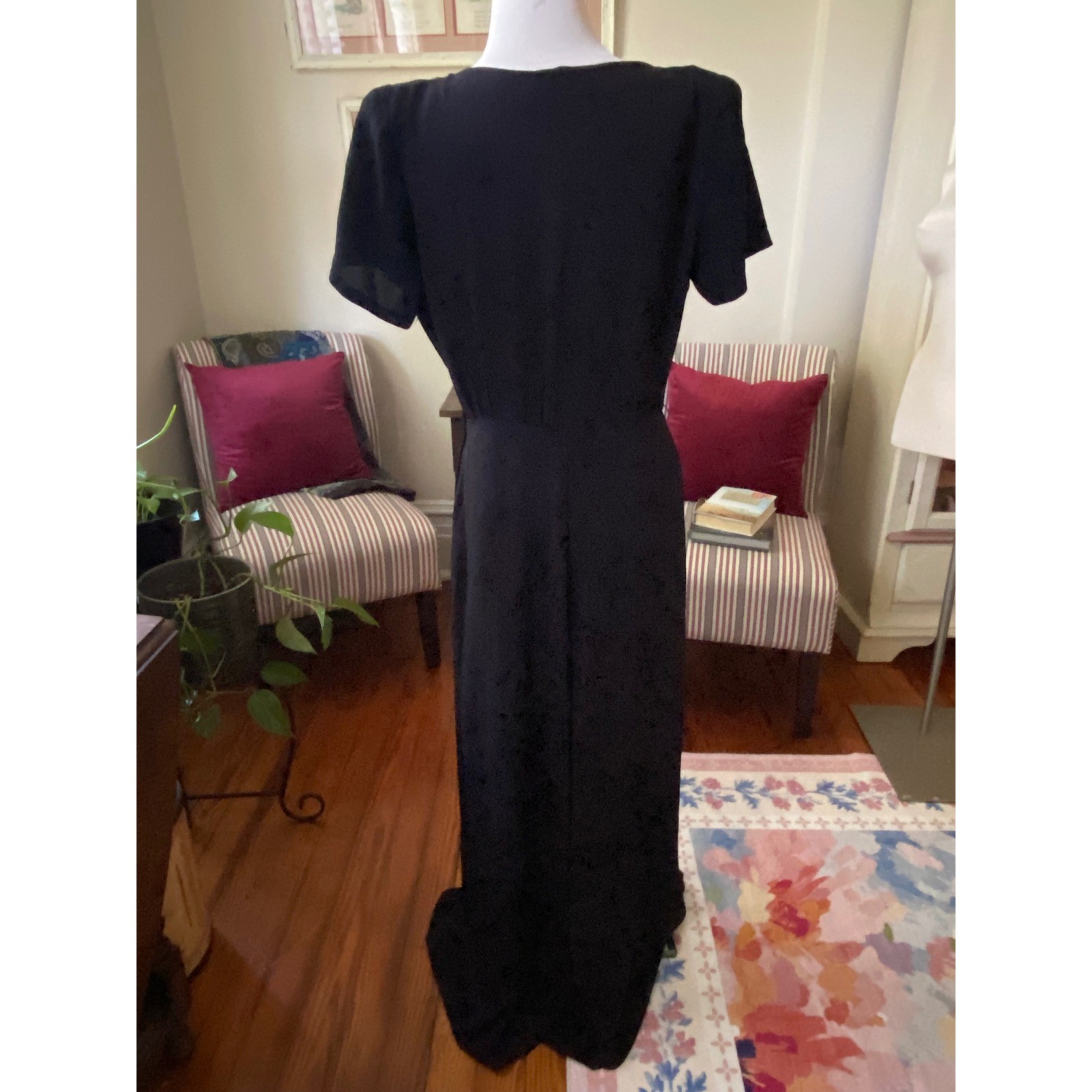 Vtg 30’s dress Floral Neckline Maxi Gown with Hip Bow Detail Black Sz S art deco