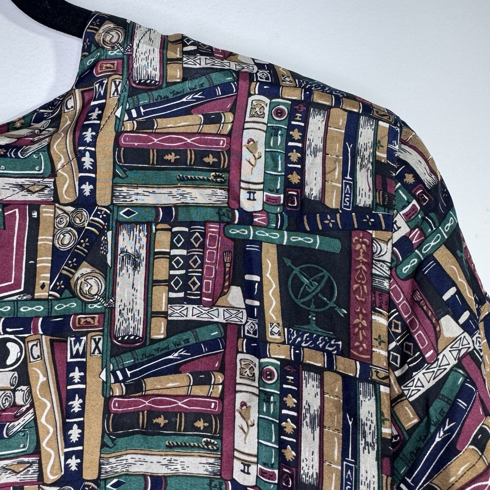 Vintage 90s Silk Book Print Blouse TAN Library Academia Teacher Top L