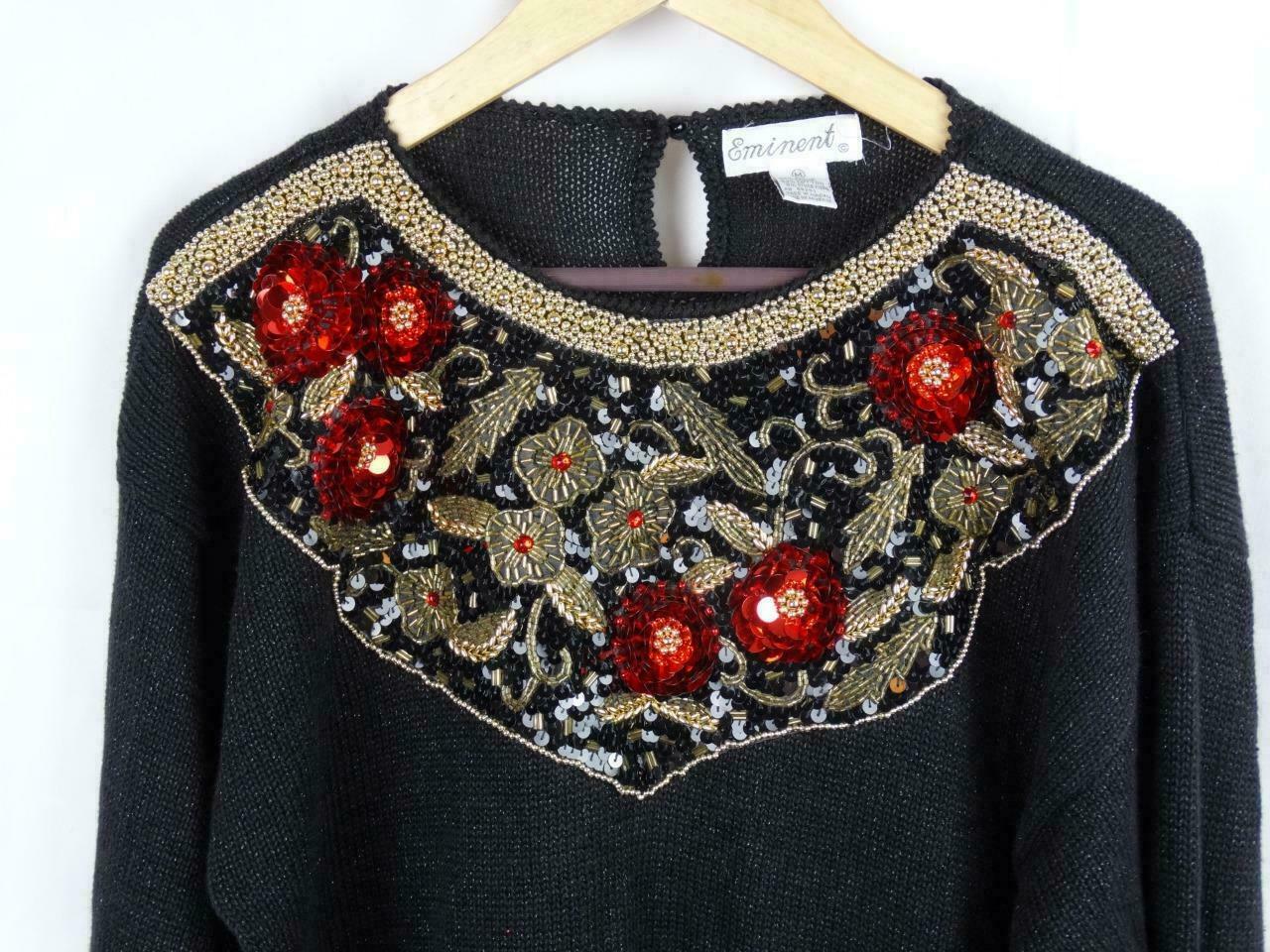 Eminent Vintage Sweater Black Size Medium Gold Flower Beaded Embellished Top 80s