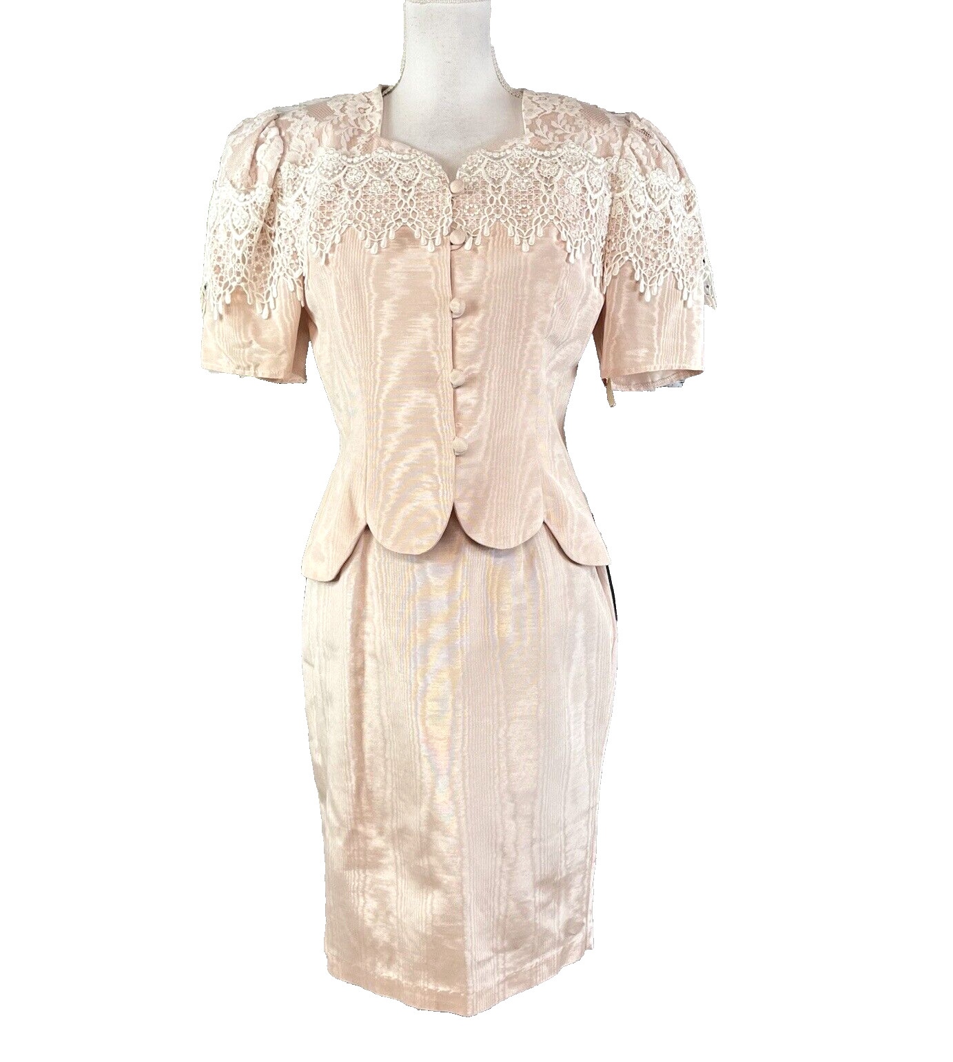 Scott McClintock 80s Vintage Pink Taffeta Lace Skirt Suit Size 8 Wedding Prom