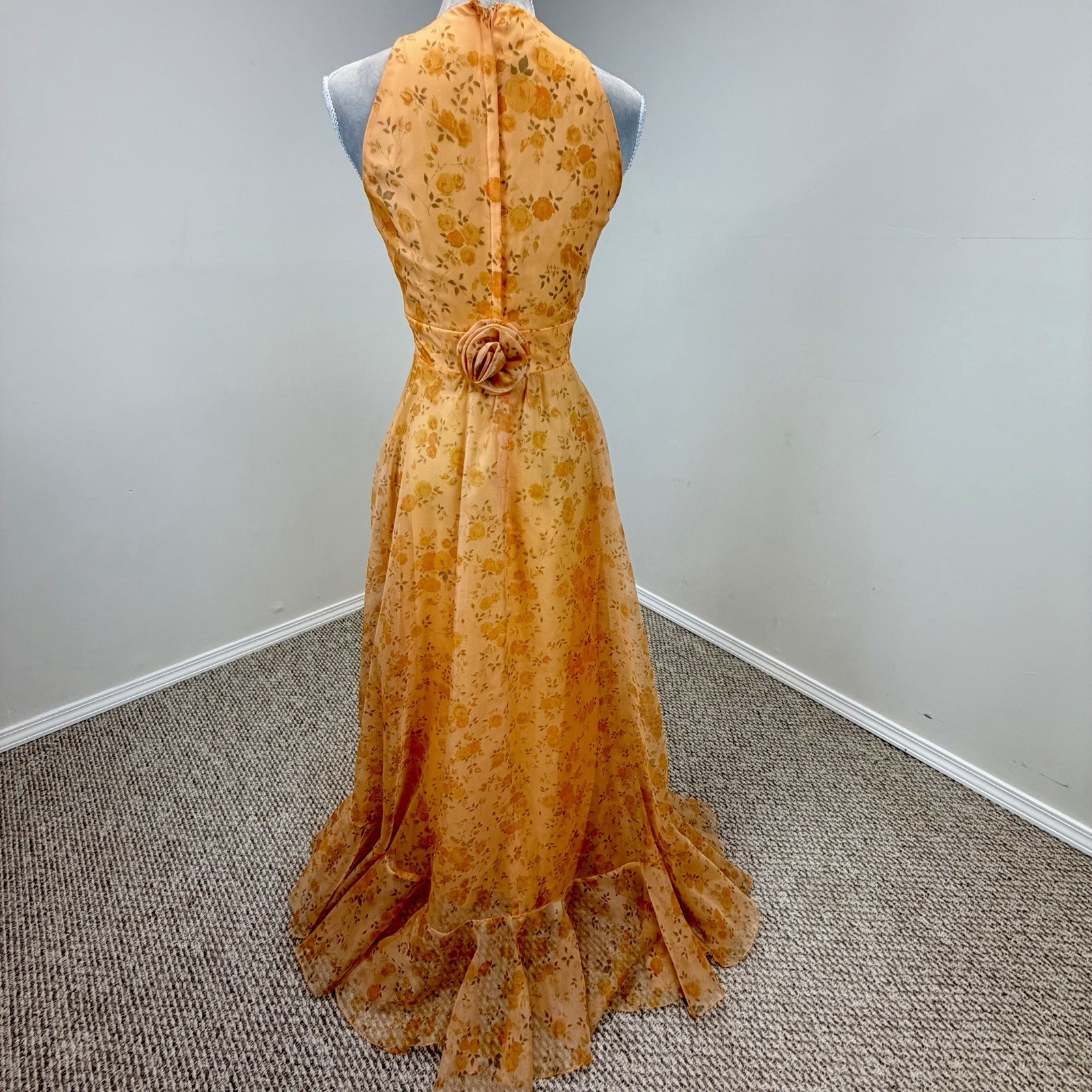 VTG 70s Maxi Dress S Floral Convertible Ruffle Cascade Bustle Train ILGWU USA